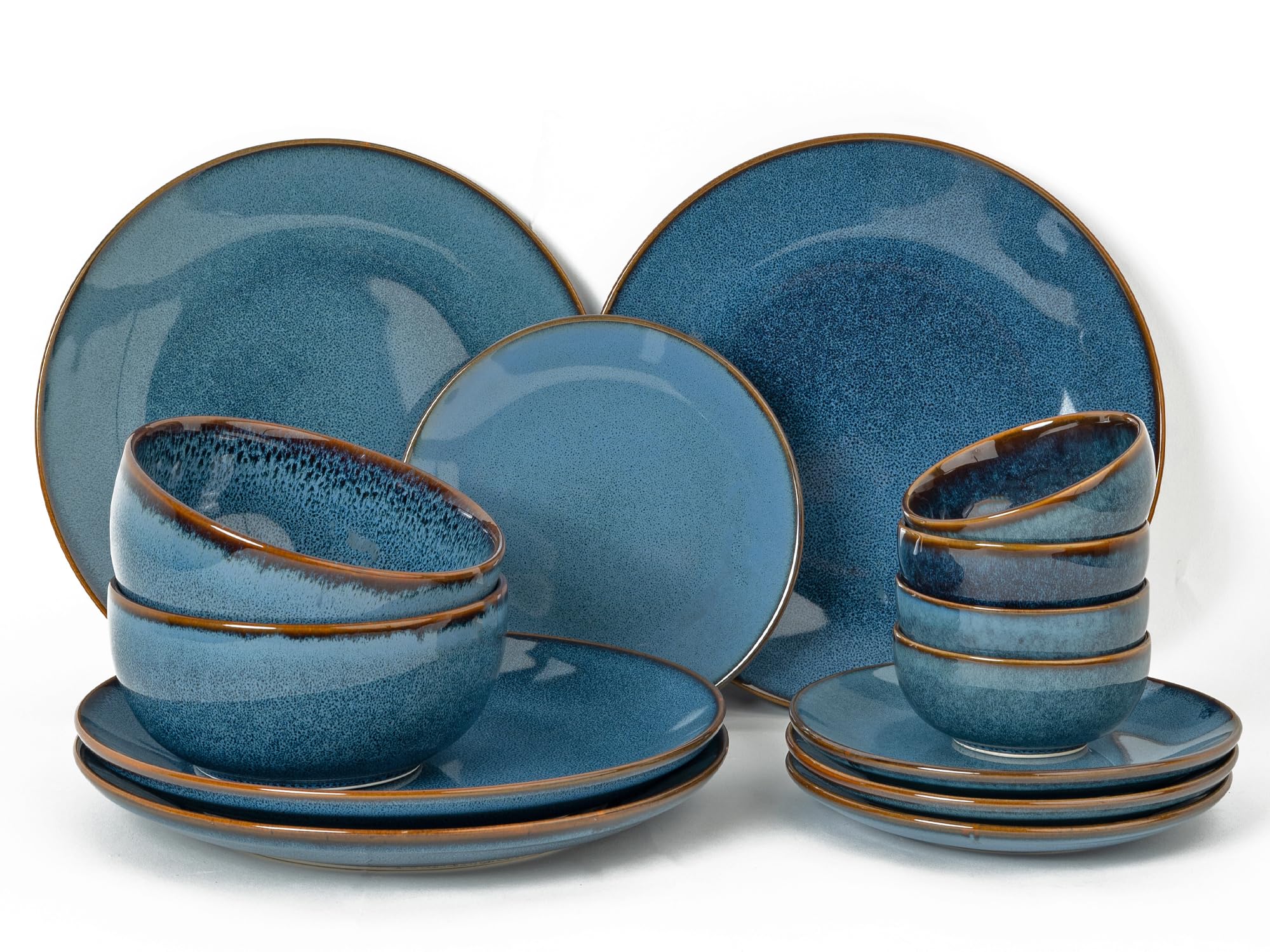 Bodhi House Handcrafted Stoneware Reactive Glaze Ceramic Dinner Set, 14 Pieces Serving For 4, Microwave And Dishwasher Safe, Bon