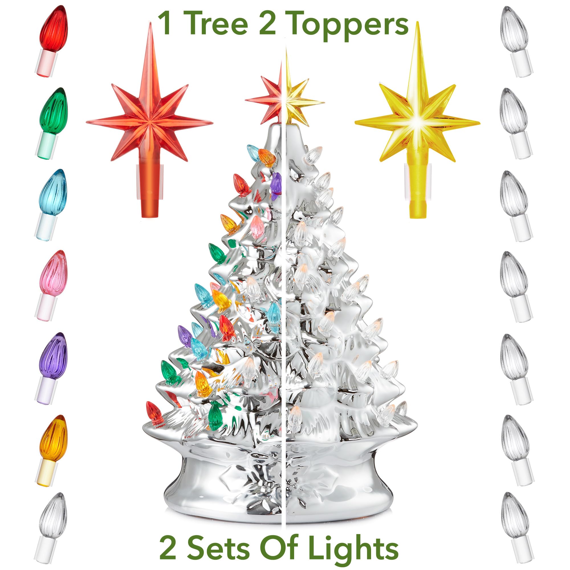Casafield Hand Painted Ceramic Christmas Tree, Silver 15-Inch Pre-Lit Tree with 128 Multi Color Lights and 2 Star Toppers