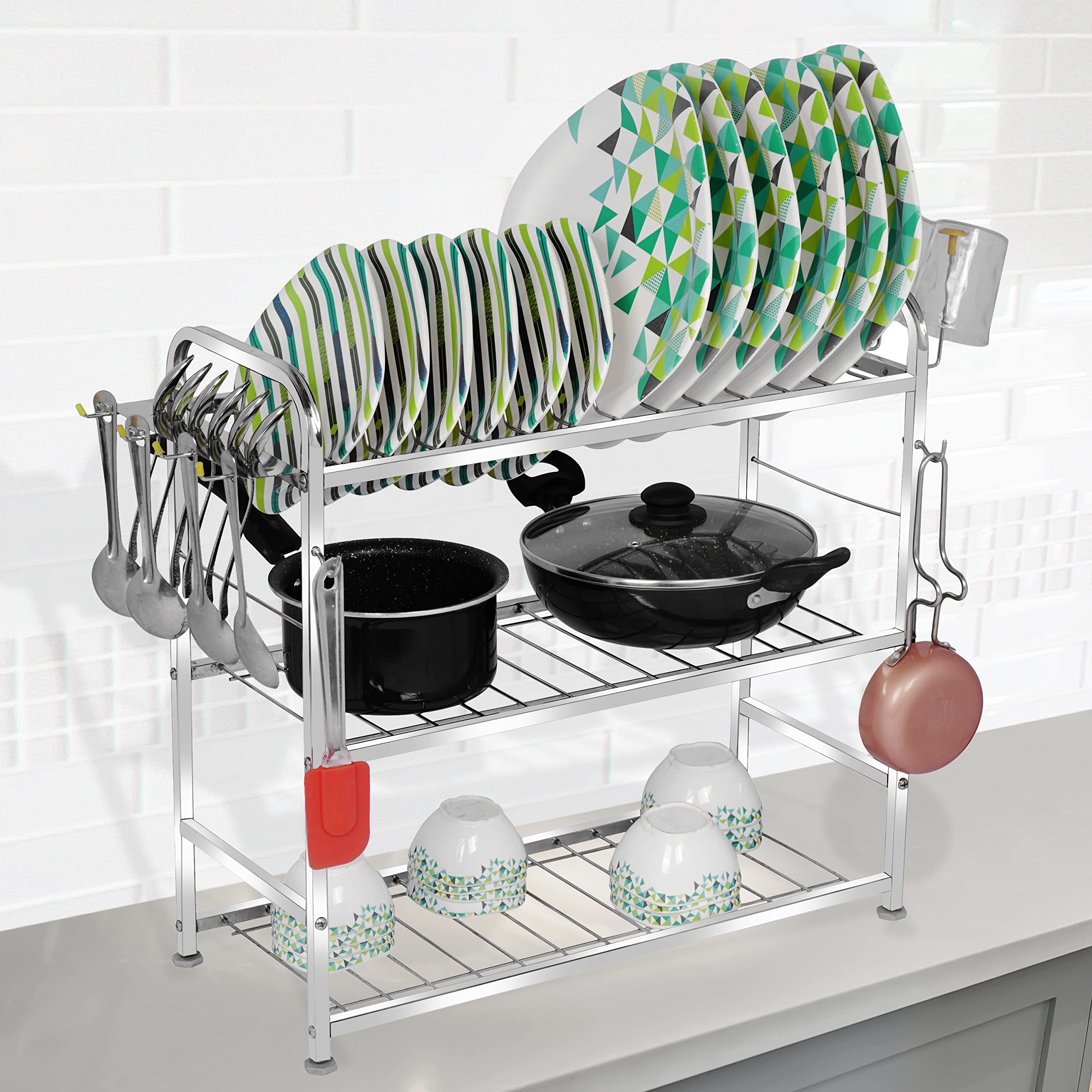 Fortune Blu 3 Layer Wall Mount Kitchen Utensils Dish Rack | Stainless Steel Utensil Rack/Stand | Dish Stand/Holder | Kitchen Org