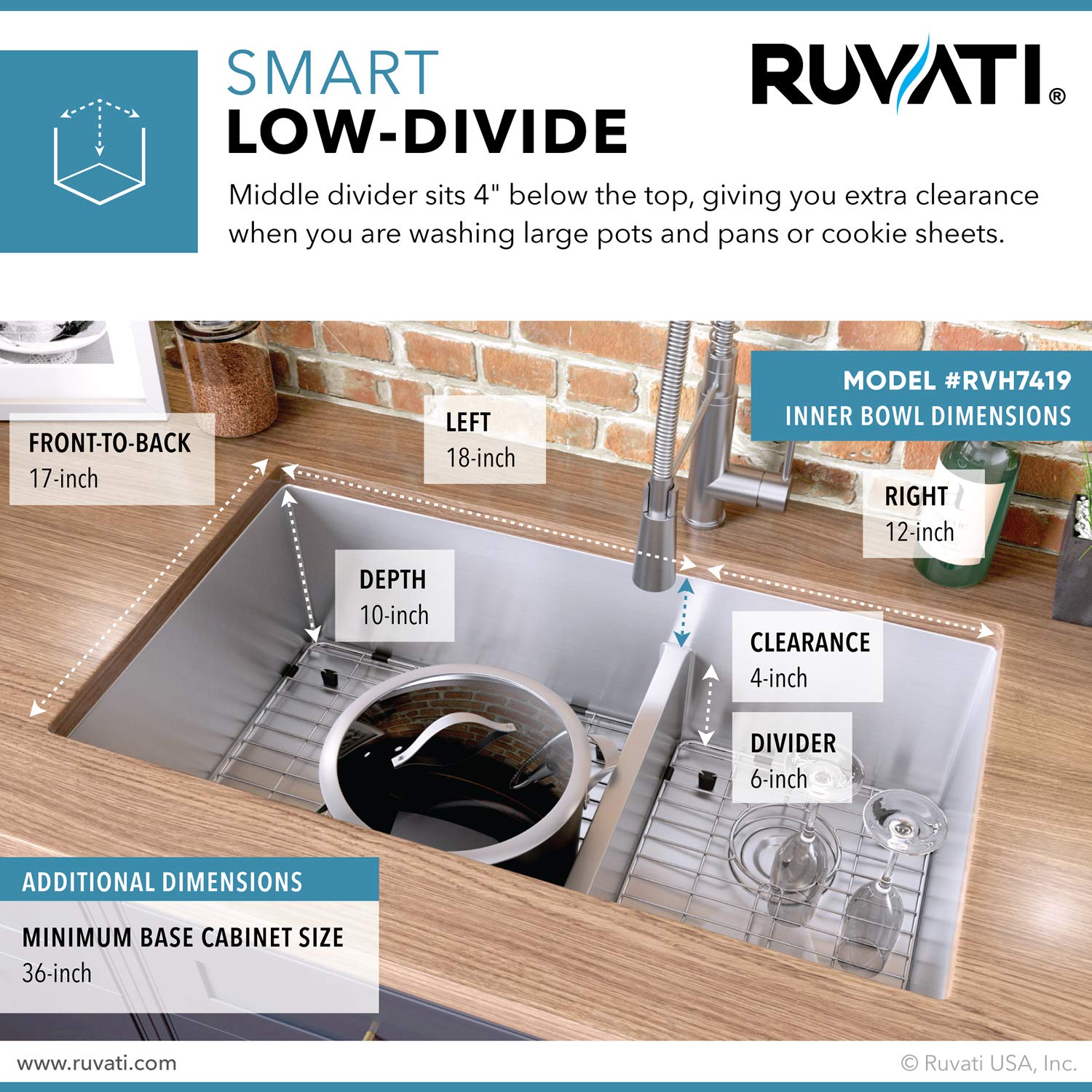 Ruvati 33-Inch Low-Divide Undermount Tight Radius 60/40 Double Bowl 16 Gauge Stainless Steel Kitchen Sink - Rvh7419