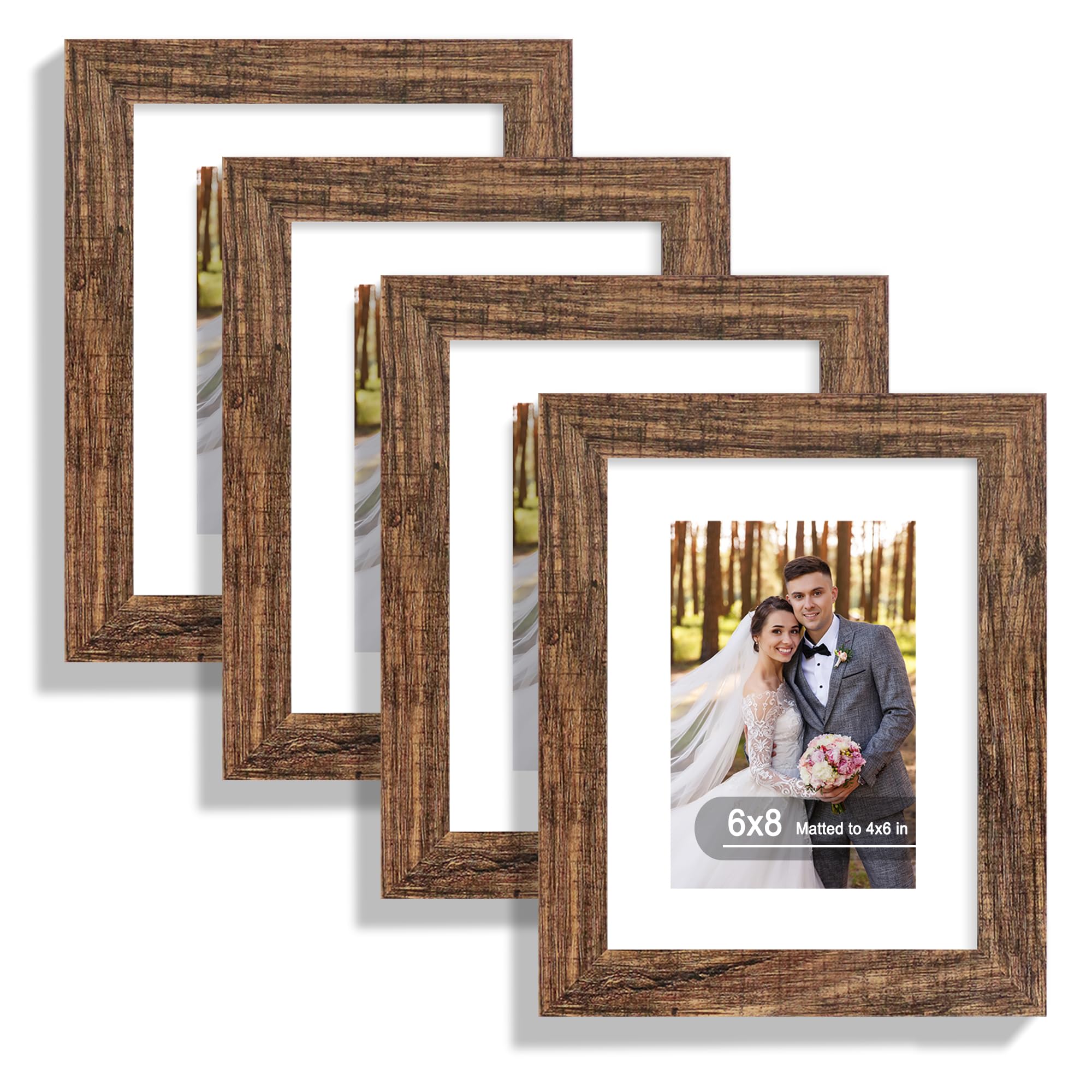 Hongkee 6x8 Picture Frame Set of 4, Made of Real Glass and Rustic Brown Frame - Display Picture 4x6 with Mat or 6x8 Without Mat,