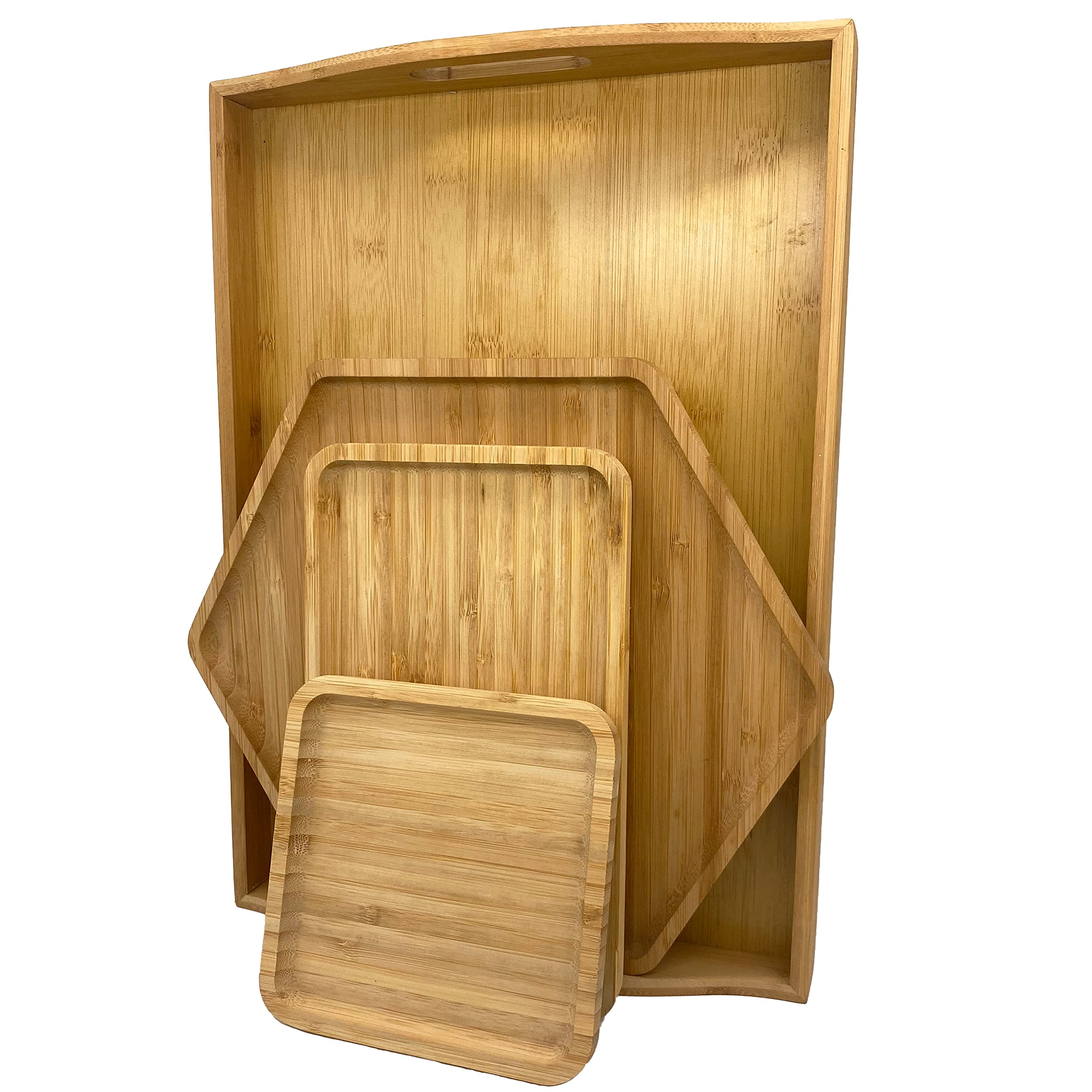 PAFREWOG Bamboo Serving Trays 16.5x11.8(42x30cm with Handle, Set Includes 0.63(1.6cm) Thick Dinner Plates Hexagon 12.5(32cm)+Rec