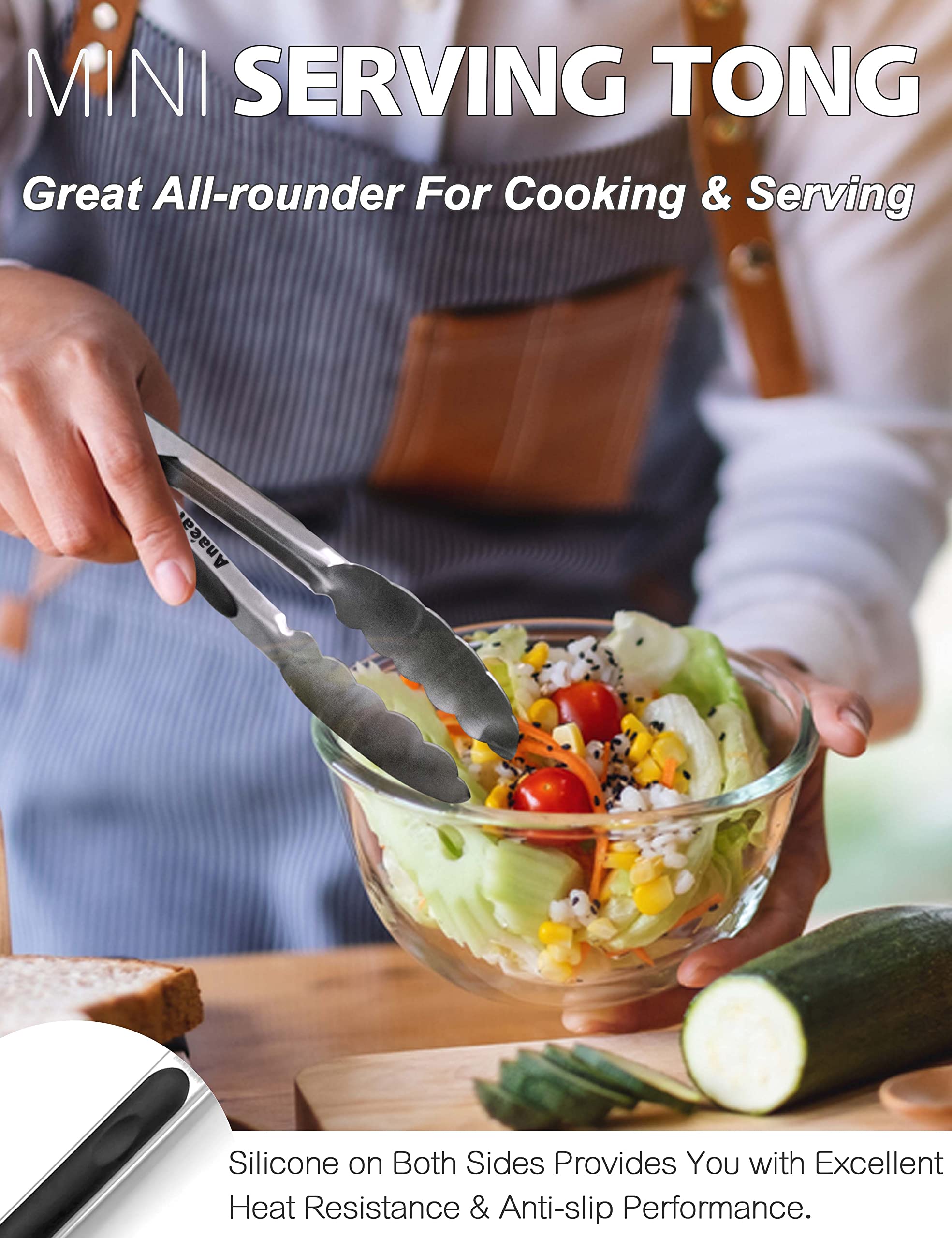 Anaeat 7'' Mini Cooking Tong Stainless Steel - Sturdy Coiled Spring Locking Kitchen Food Tong With Non-Slip Silicone Grip For Se