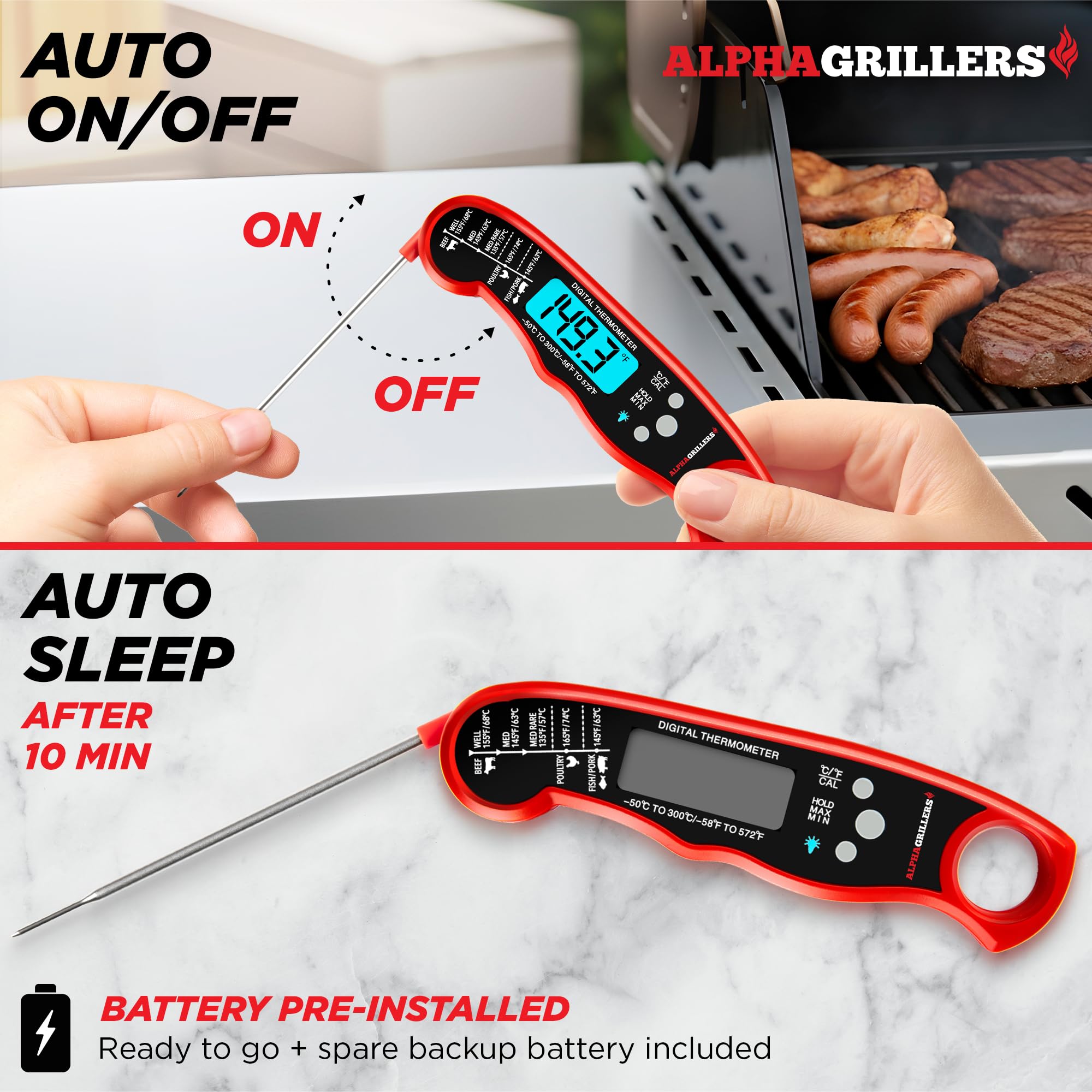 Alpha Grillers Instant Read Digital Meat Thermometer - Black/Red, BBQ Cooking Probe, Ideal for Grilling and Air Frying, Model 296249729076