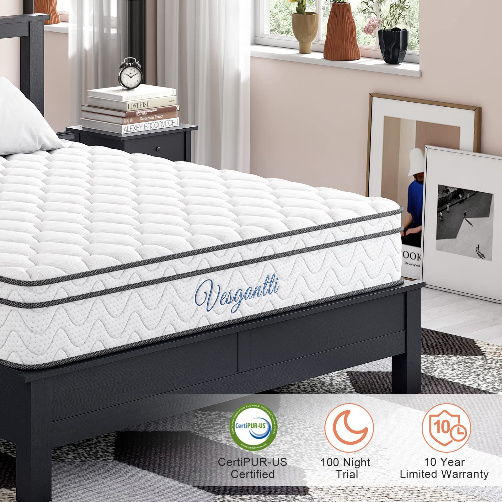 Vesgantti Full Size Mattress, 10 Inch Hybrid Full Mattress In A Box, Double Mattress With Memory Foam And Pocket Spring, Ergonom