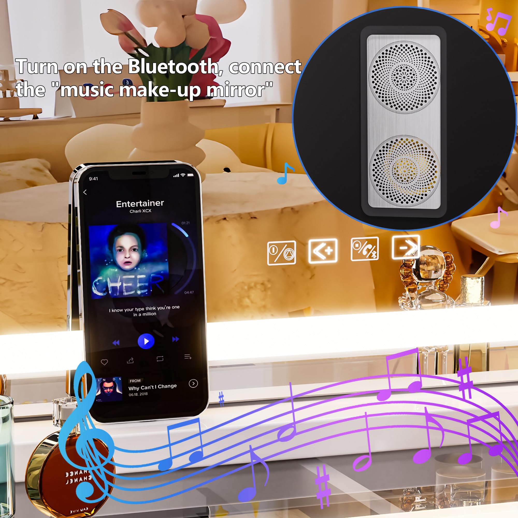 Hasipu Vanity Mirror With Lights And Bluetooth Speaker, 20'' X 25'' Led Makeup Mirror, Light Up Mirror With 10X Magnification An