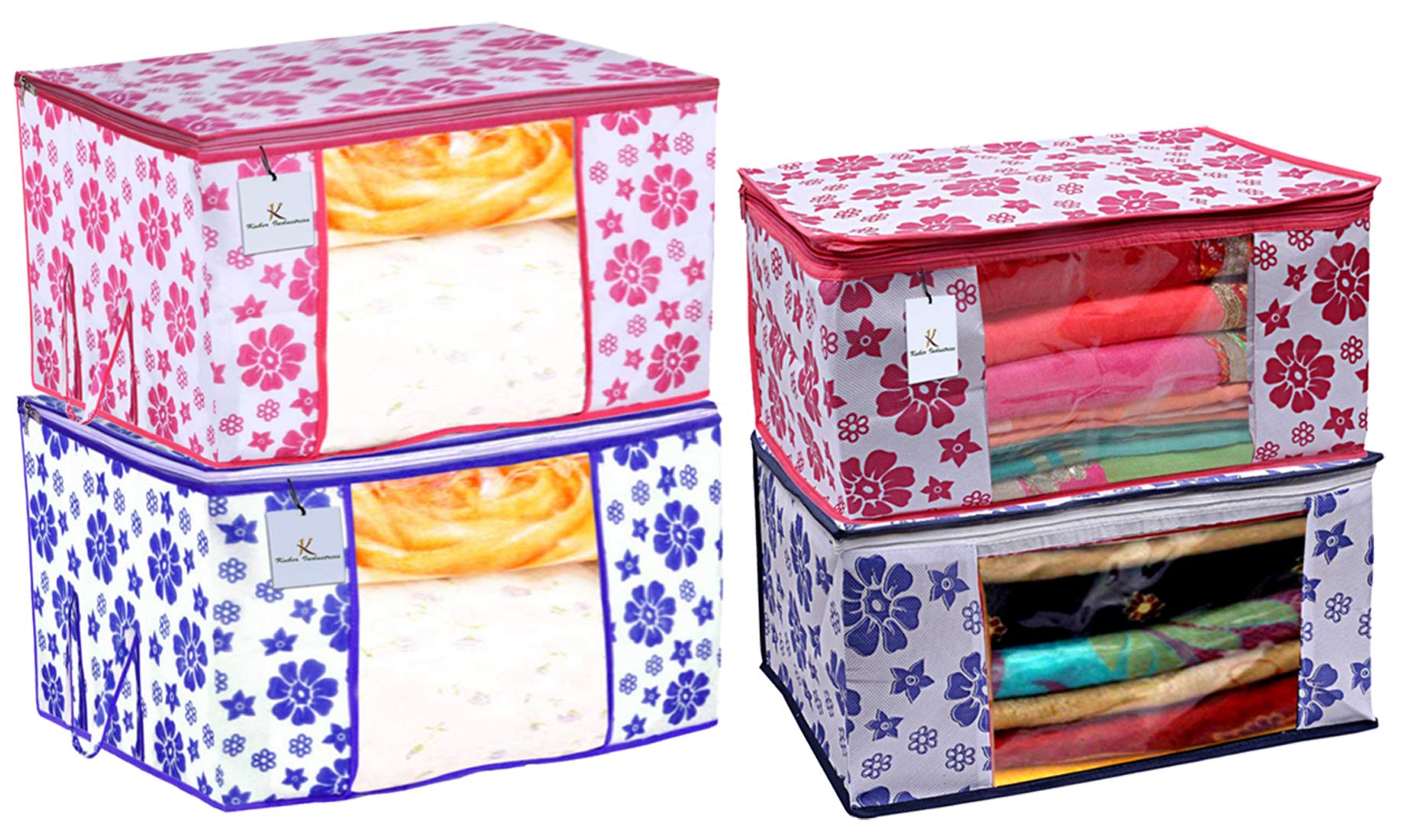 Heart Home Flower Design 2 Piece Non Woven Saree Cover And 2 Pieces Underbed Storage Bag, Storage Organiser, Blanket Cover, Pink
