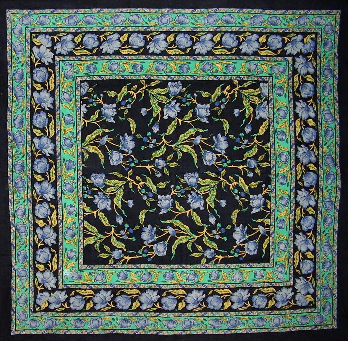 India Arts French Floral Square Cotton Tablecloth 60 x 60 Blue on Black