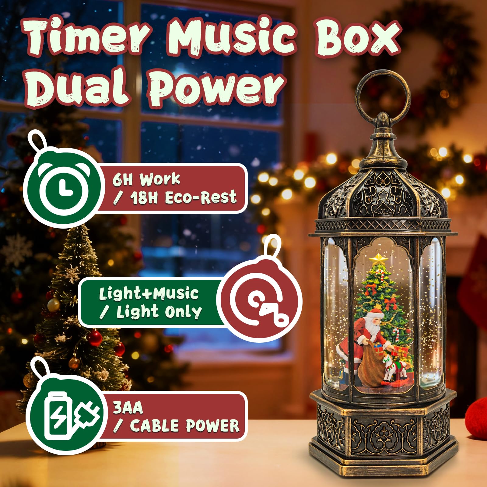 Christmas Snow Globes Lantern, Santa Claus & Gift Piles Christmas Decorations Indoor, 6H Timer Battery & USB Powered Light Up Mu