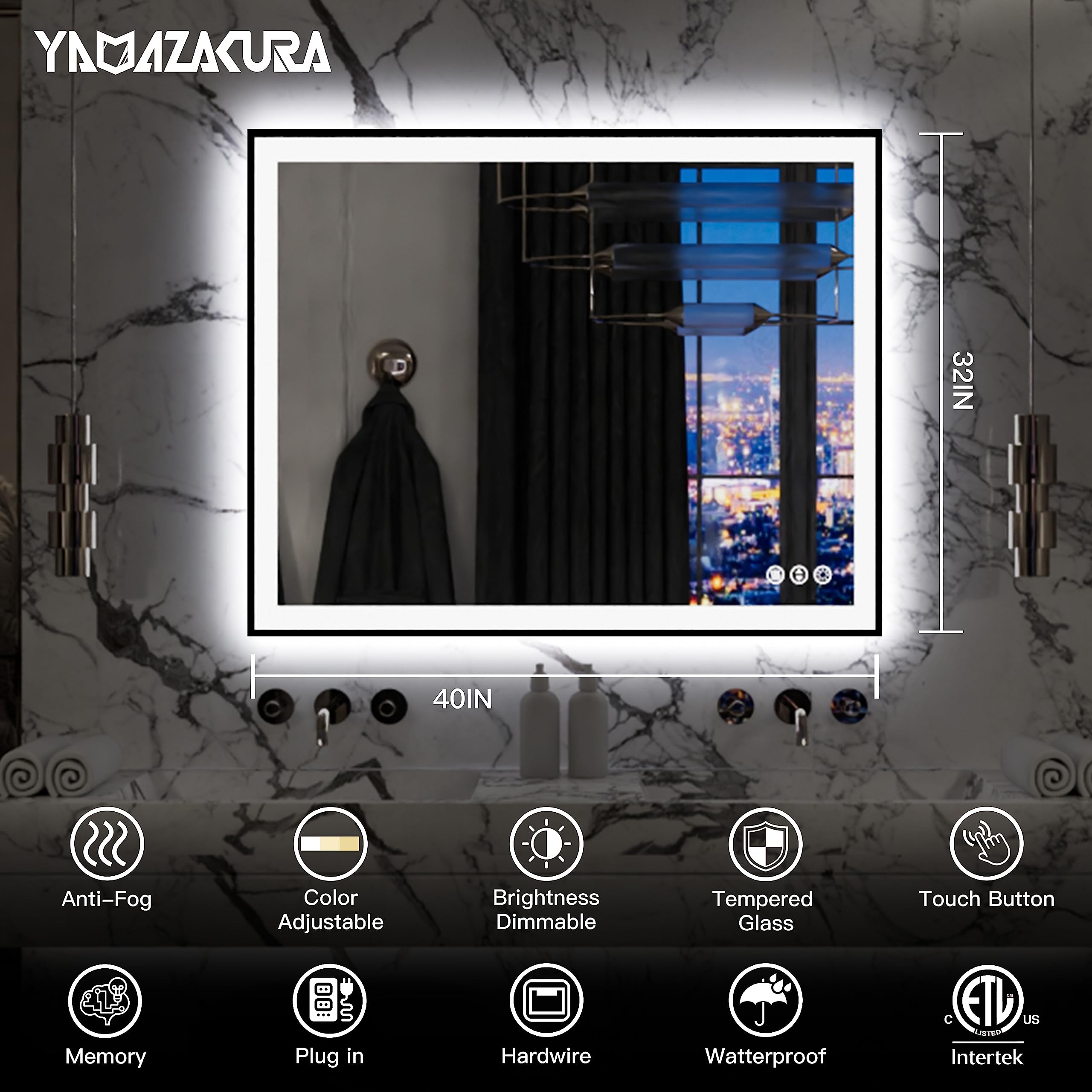 Yamazakura Lighted Bathroom Mirror 40X32 Backlit And Front Light Led Wall-Mounted Vanity Mirror Modern Rectangle Black Mirror (H