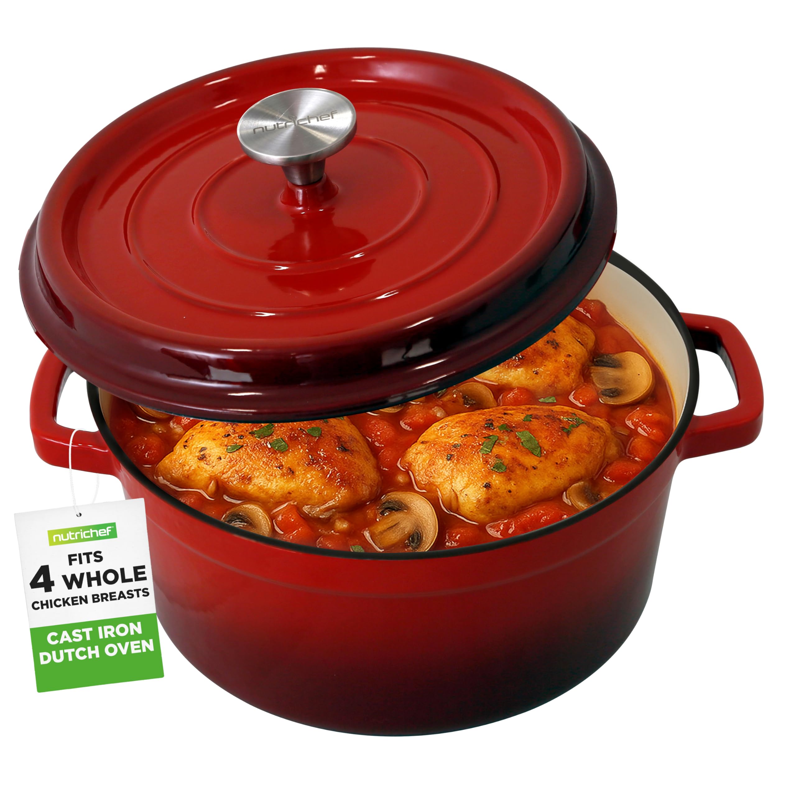 NutriChef Enameled Cast Iron Dutch Oven-5-Quart Kitchen Round Dutch Oven Stovetop Casserole Cookware, Porcelain Enamel Coated Ca