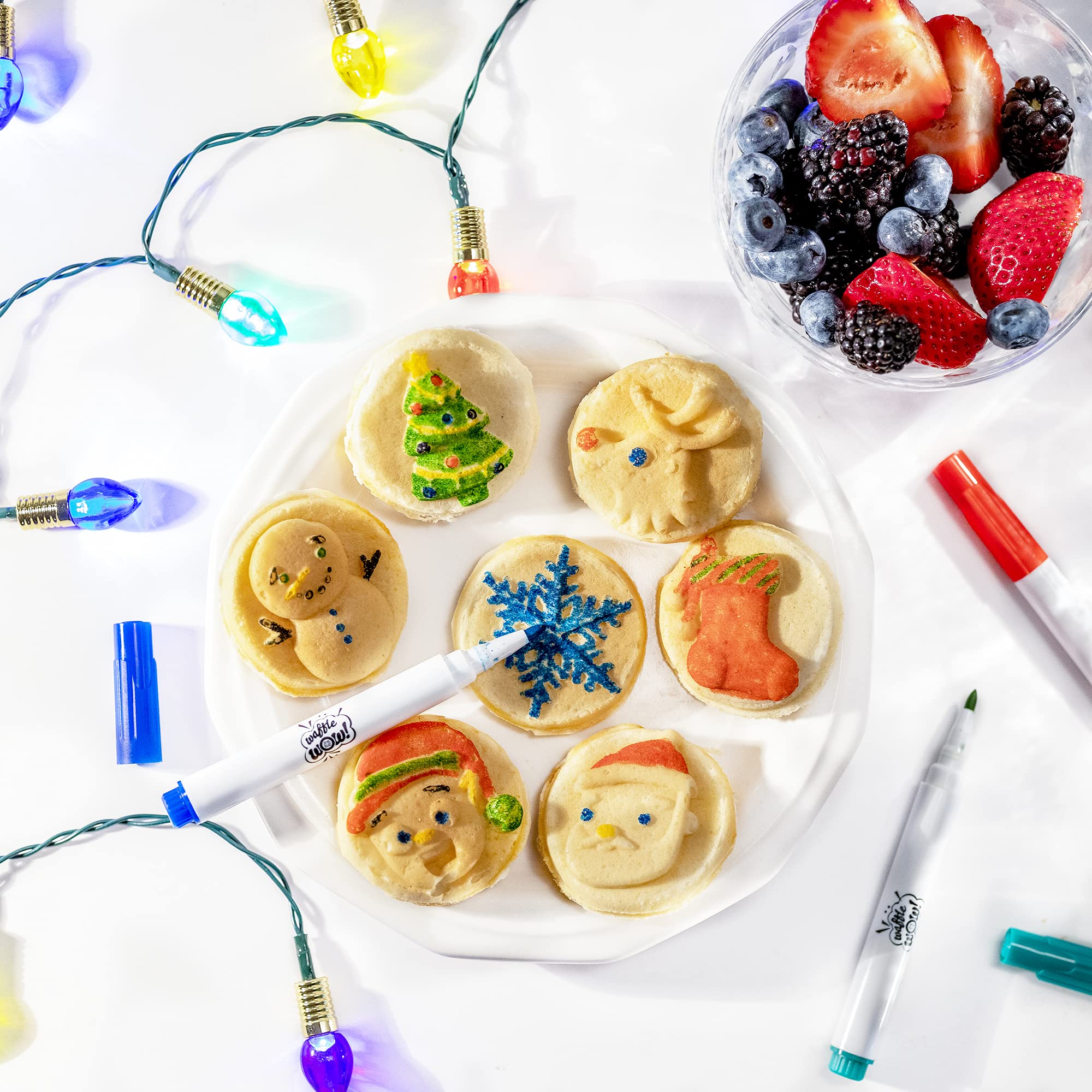 Christmas Holiday Waffle Maker W 6 Edible Food Markers- Make X-Mas Breakfast Fun W Delicious Decorated Pancakes Or Waffles- Elec