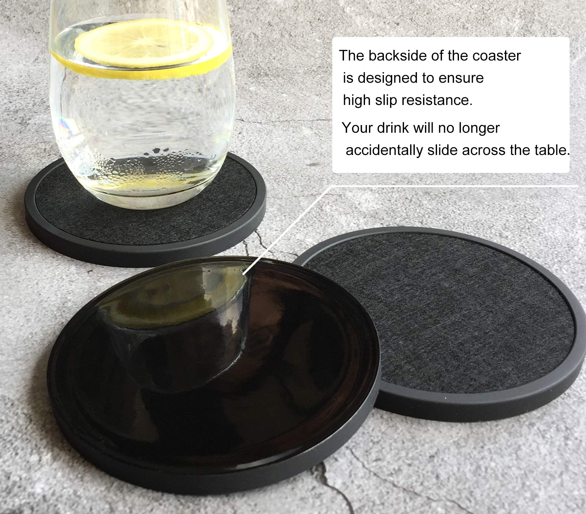 Absorbent Coasters For Drinks With Holder - 6Packs, Silicone Coasters With Soft Felt Insert, Black