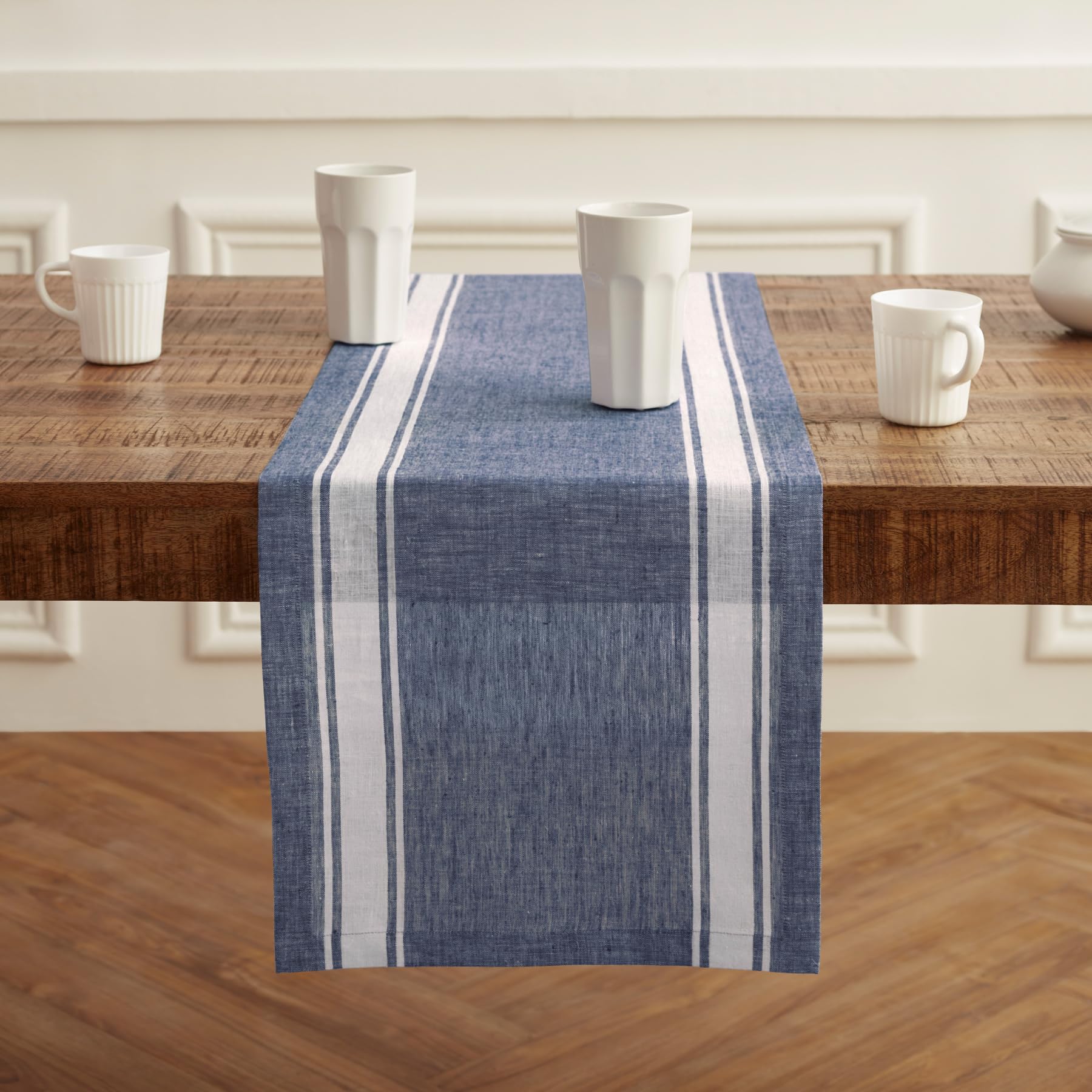 Solino Home Stripe Linen Blue And White Table Runner 120 Inches Long - 100% Pure Linen Farmhouse Stripe Dining Table Runner 14 X