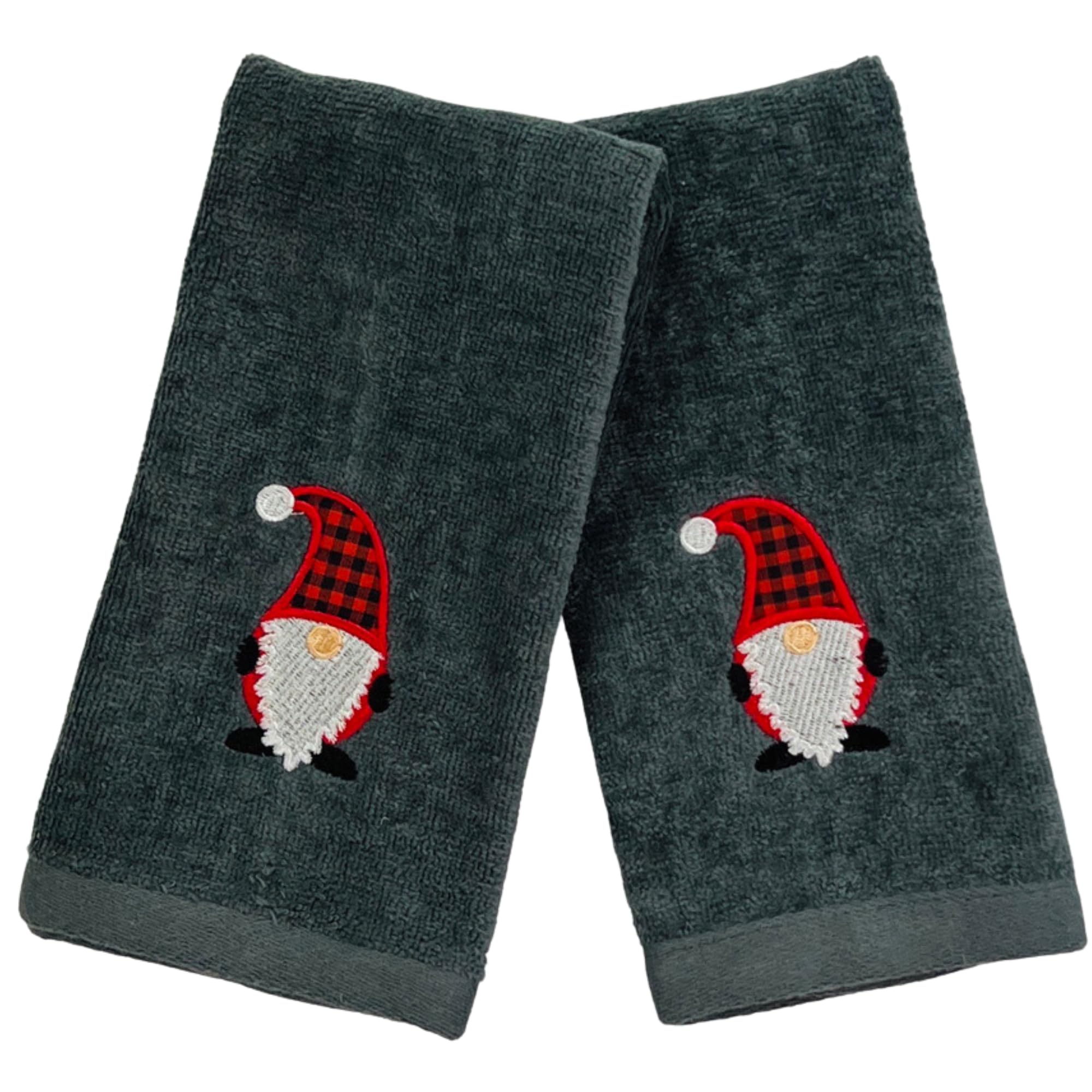 Christmas Gnomes Towel Set: Dark Grey Fingertip Towels With Red White Embroidery Jolly Nordic Gnome, Set Of 2