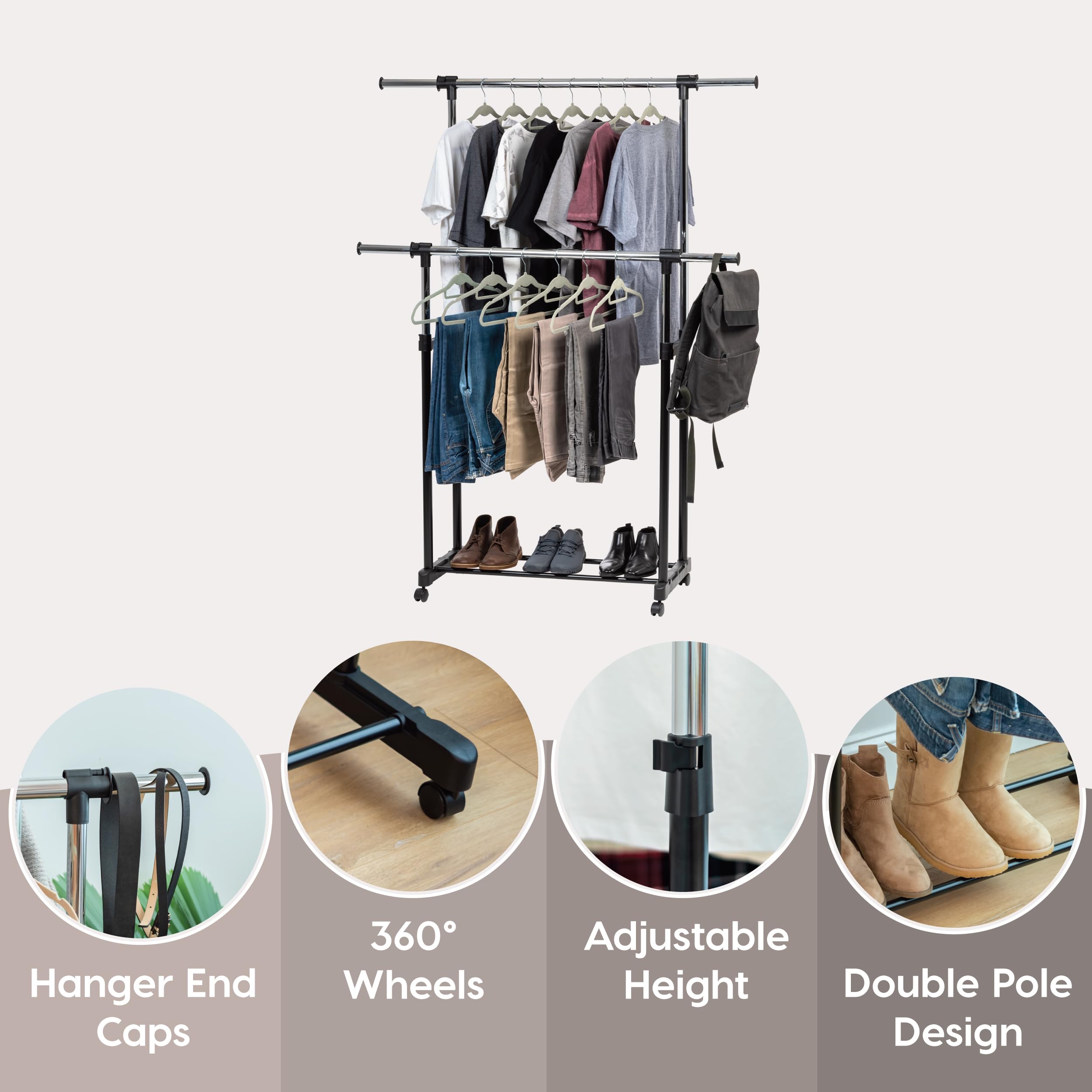 IRIS USA Adjustable and Extendable Double Rod Garment Rack