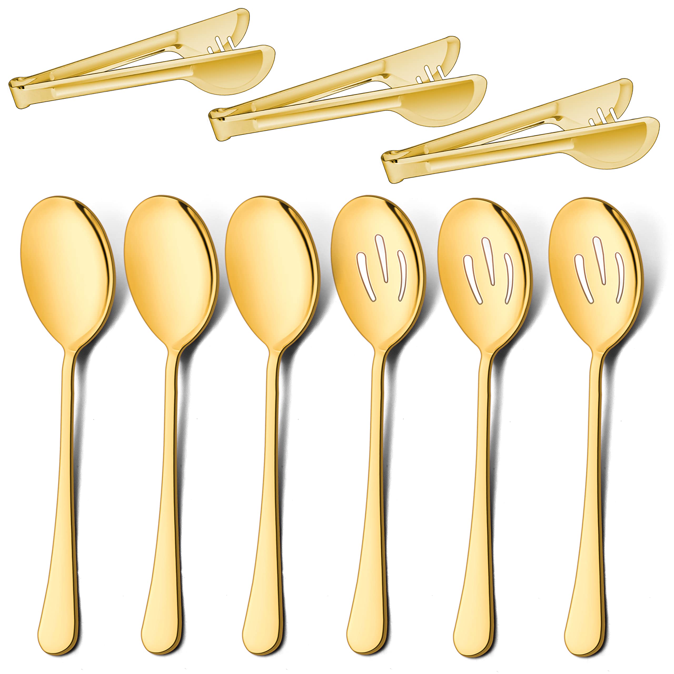 Lianyu 3 Large Gold Serving Spoons, 3 Gold Slotted Serving Spoons, 3 Gold Serving Tongs, 9.8 Inch Stainless Steel Buffet Banquet