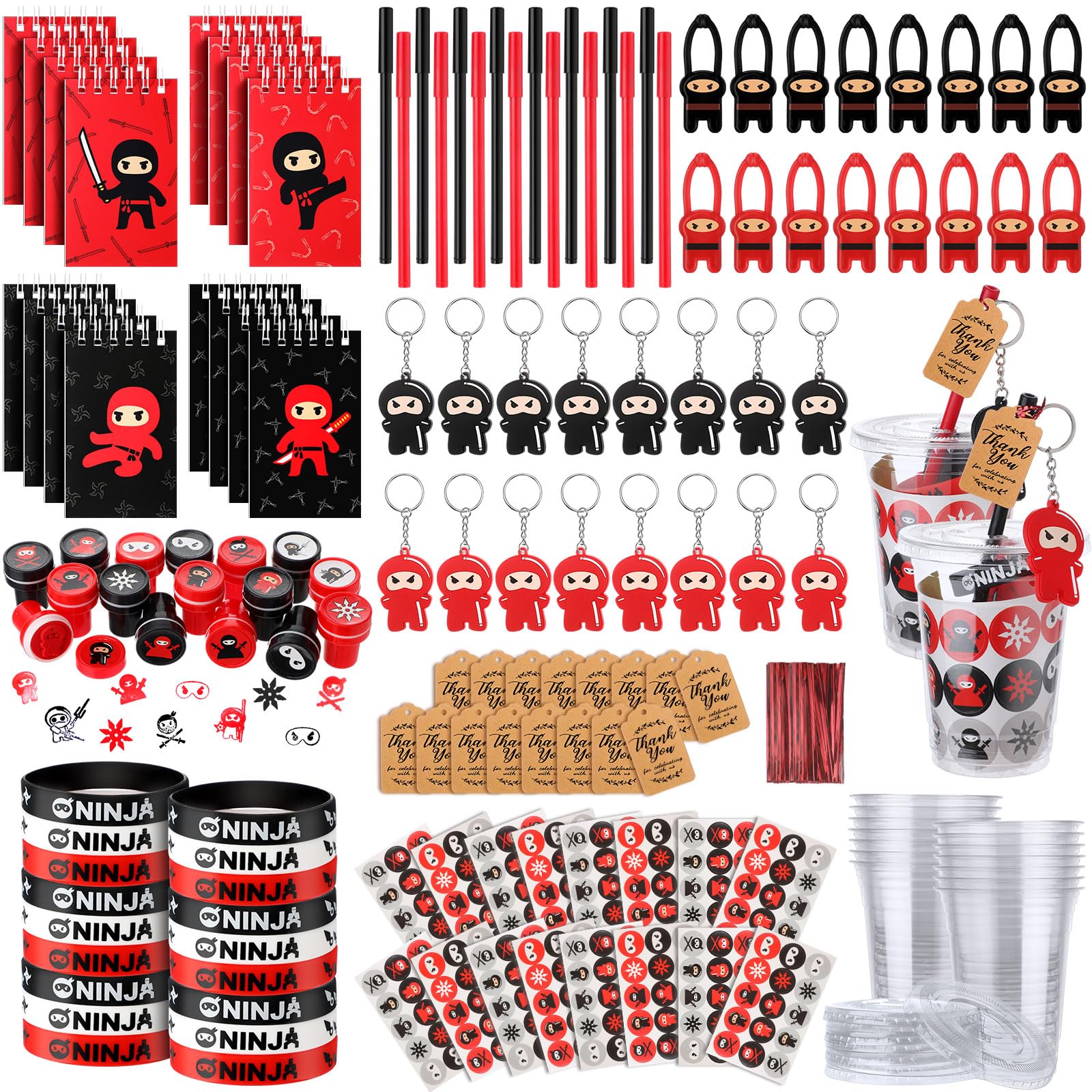 Wettarn 241 Pcs Ninja Party Favors Include Flying Ninjas Notepads Silicone Wristband Key Chains Sticker Stamp Pen Plastic Cups w