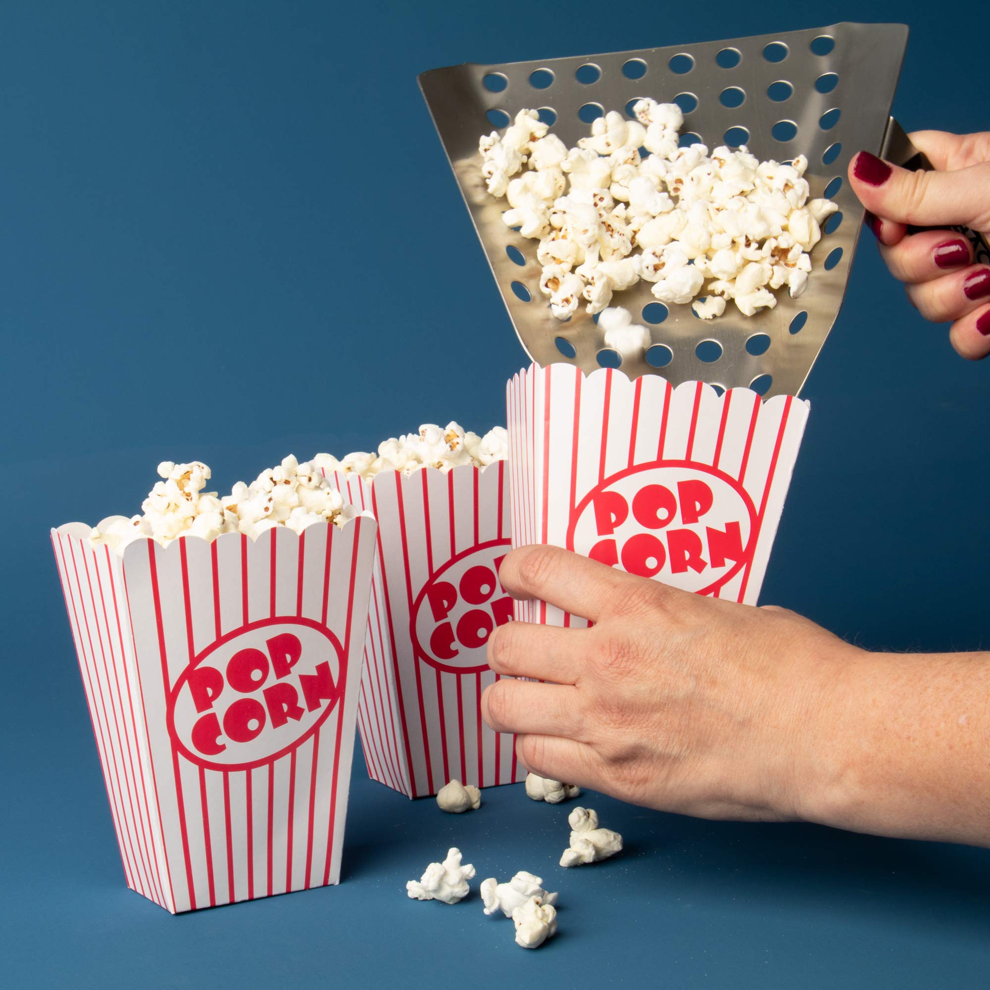 Popcorn Speed Scoop - Perforated Stainless Steel Quick-Fill Scooper For Bags, Buckets & Boxes, Removes Unpopped Kernels - Utilit