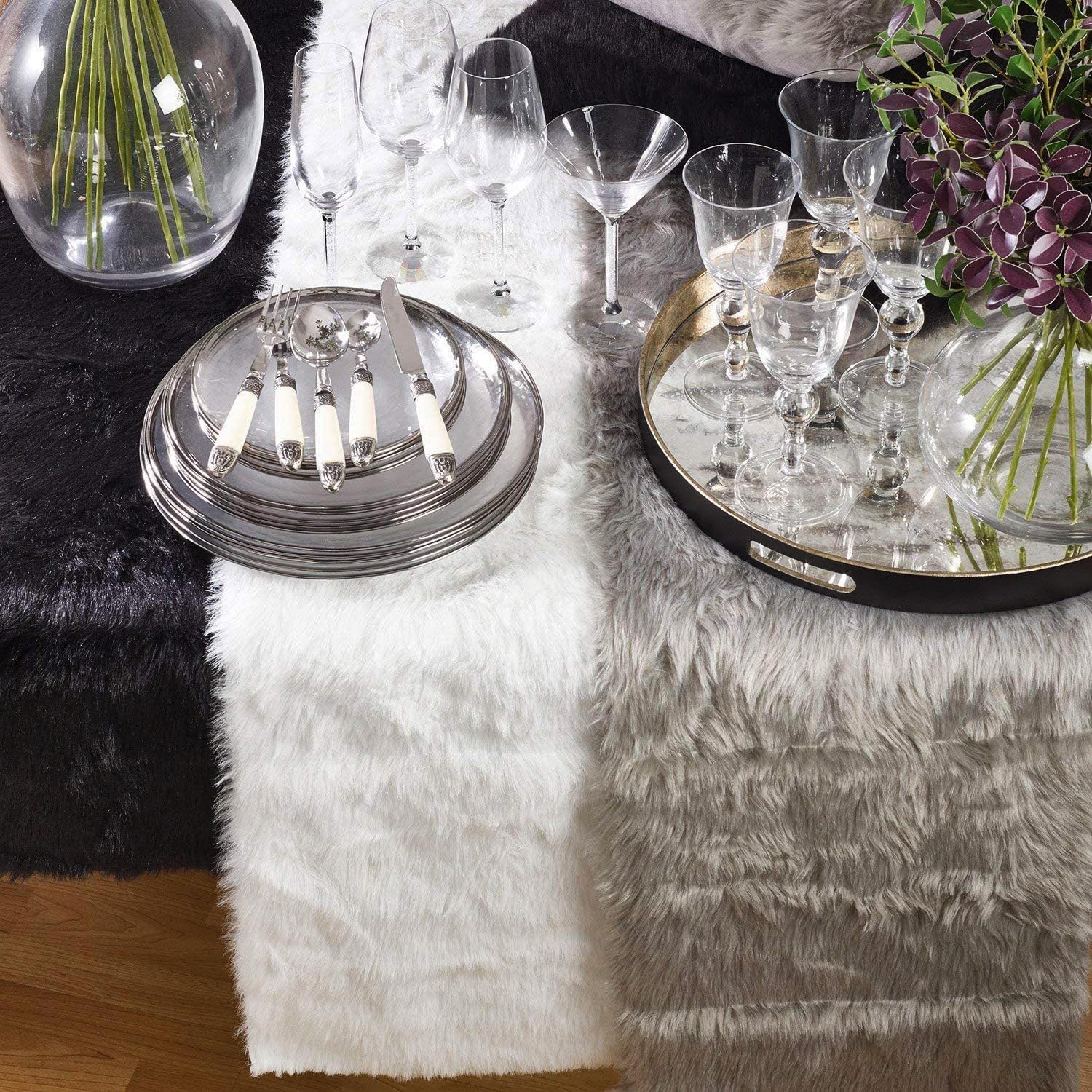 Saro Lifestyle Faux Fur Design Topper Table Runner, White, 15''X90''