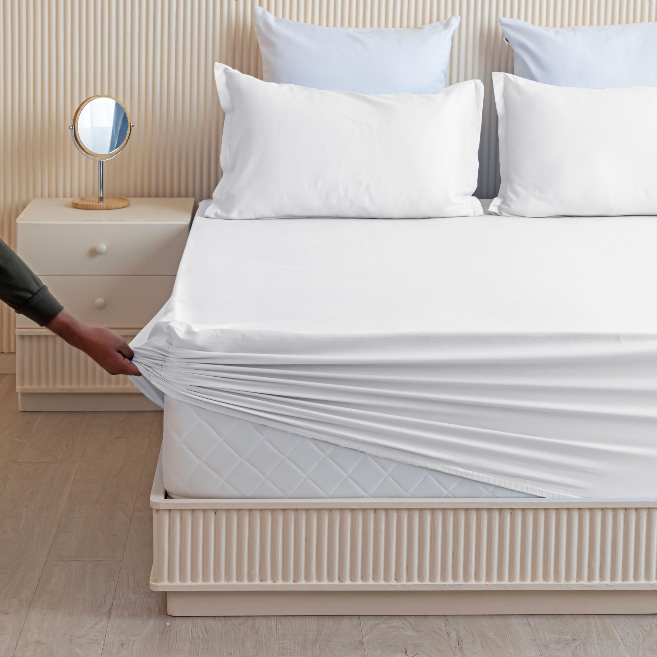 HOMEMONDE Cotton Fitted Bedspread 210 Thread Count Solid Luxuries King Fitted Bedsheet  78 x 78 Inch, White with 2 Pillow Cover