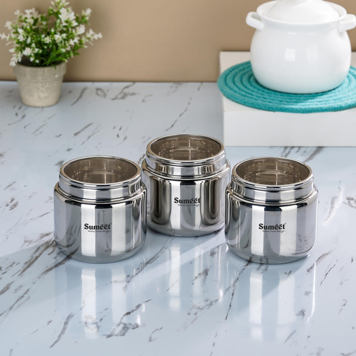 Sumeet Stainless Steel Small Canisters/Dabba/Storage Containers For Kitchen With See Through Lid, Set Of 3 Pcs, 400Ml Each, 9Cm