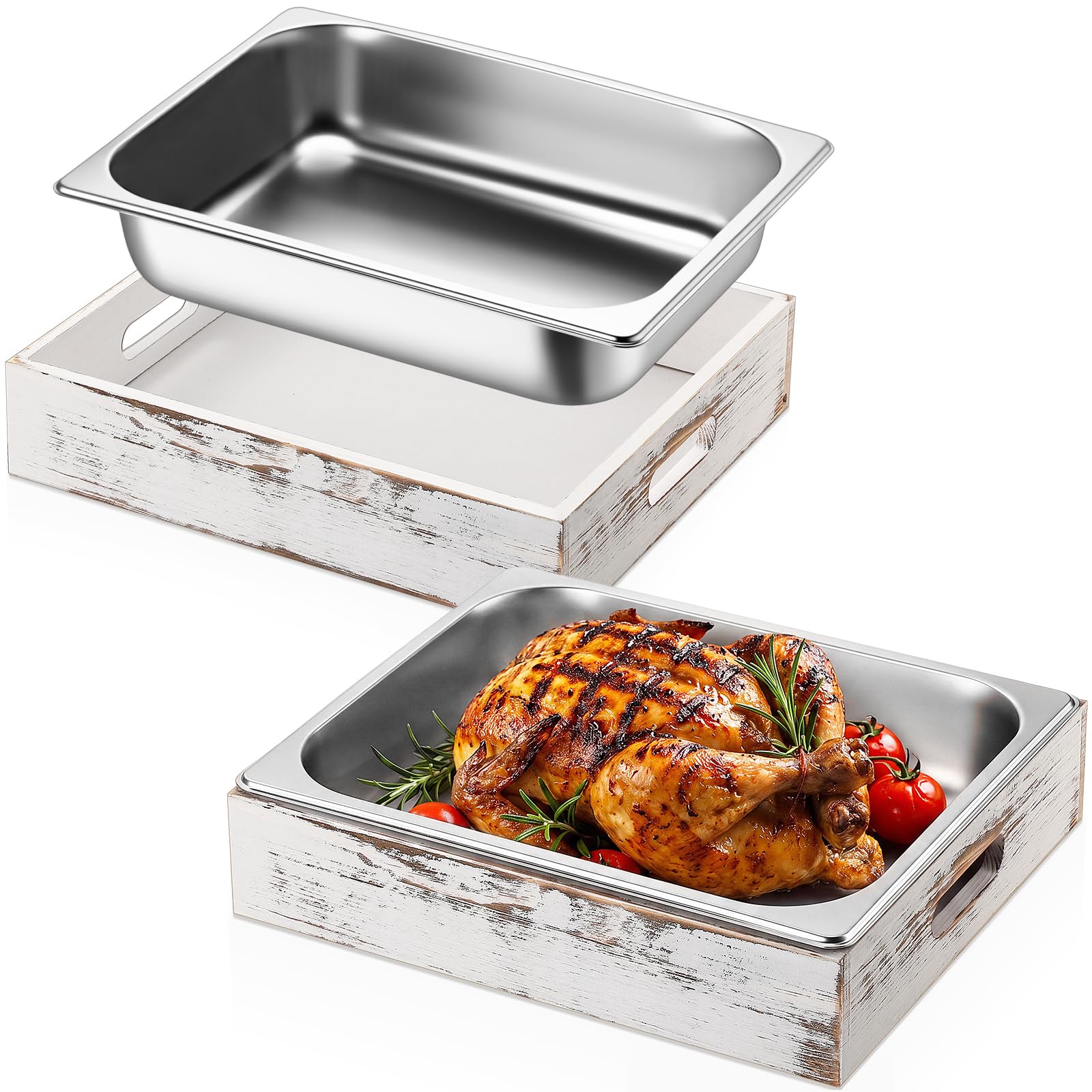 Sawysine 4 Pcs Wooden Serving Tray with Stainless Steel Bus Tub Wooden Pan Holder Reusable Baking Tin Food Dessert Cake Containe