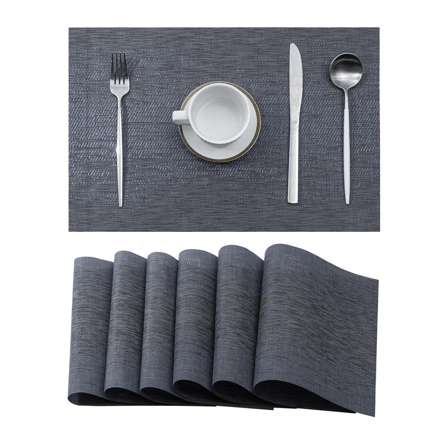Leetaltree Denim Blue Placemats Set Of 6 - Heat Resistant Non-Slip Place Mats For Dining Table, Washable Durable Pvc Vinyl Woven