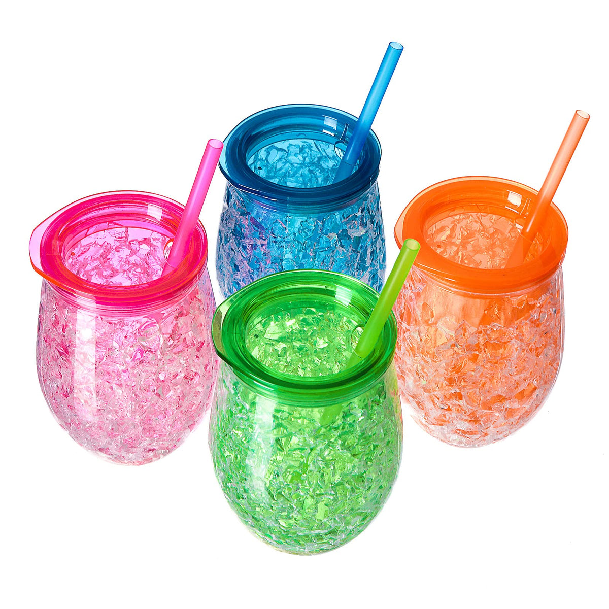 Easicozi Cute Shape Frosty Freezer Ice Mugs With Straw Clear 11.8Oz Set Of 4(Red, Green, Blue And Orange) (Oval)