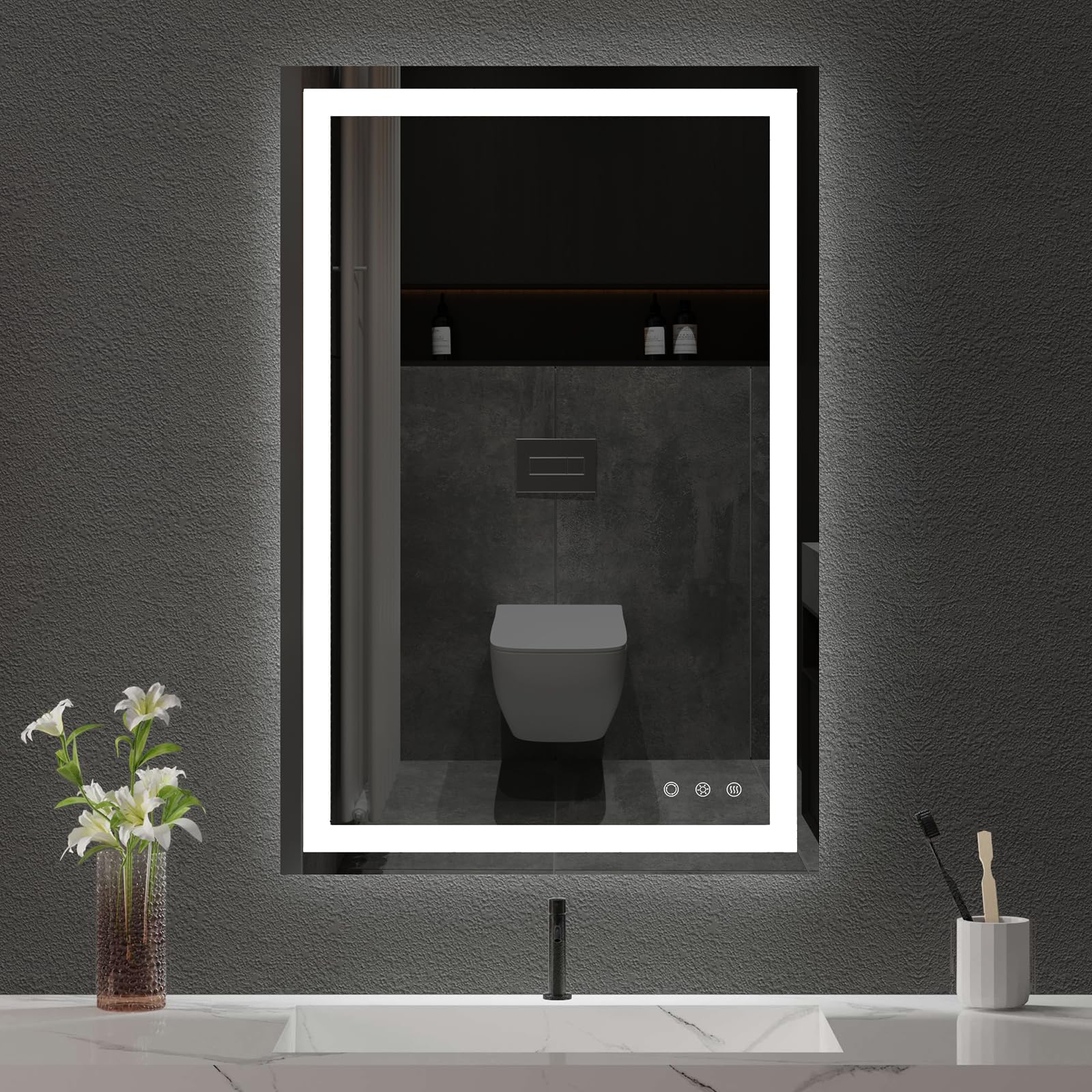 Besmirror 24X36 Inch Led Bathroom Mirror - Anti-Fog, Stepless Dimmable - Bathroom Mirror With Led Lights - 3 Color Led Mirror Fo