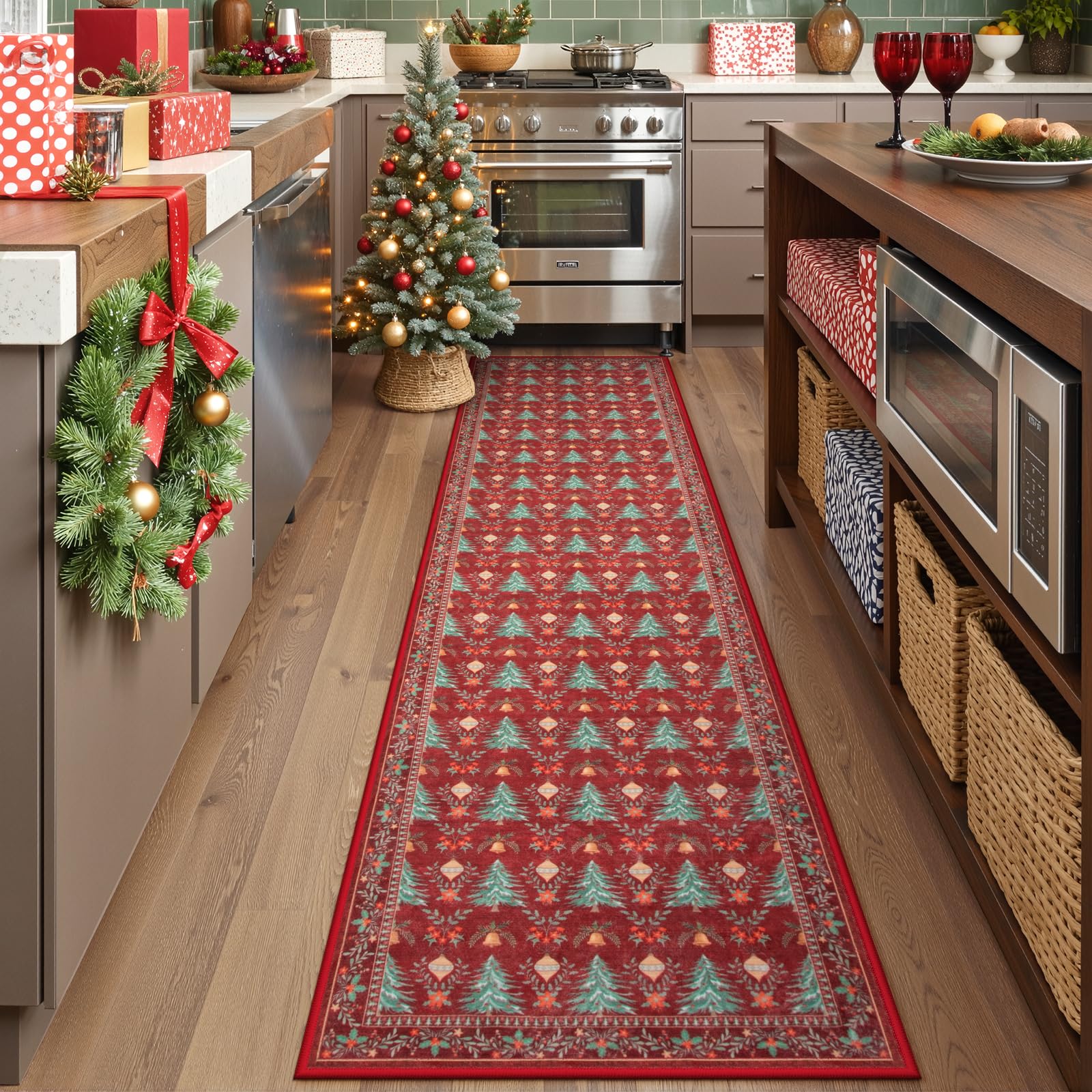 Yuemasi Christmas Runner Rug for Hallway 2x8, Washable Christmas Kitchen Rug Non Slip, Soft Xmas Tree Print Red Carpet Runner fo