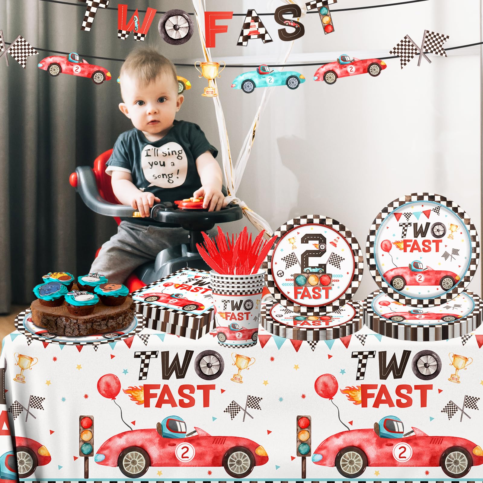 Two Fast Birthday Party Supplies, 142Pcs Race Car 2Nd Birthday Decorations Tableware Kit Includes Race Car Plates Napkins Tablec