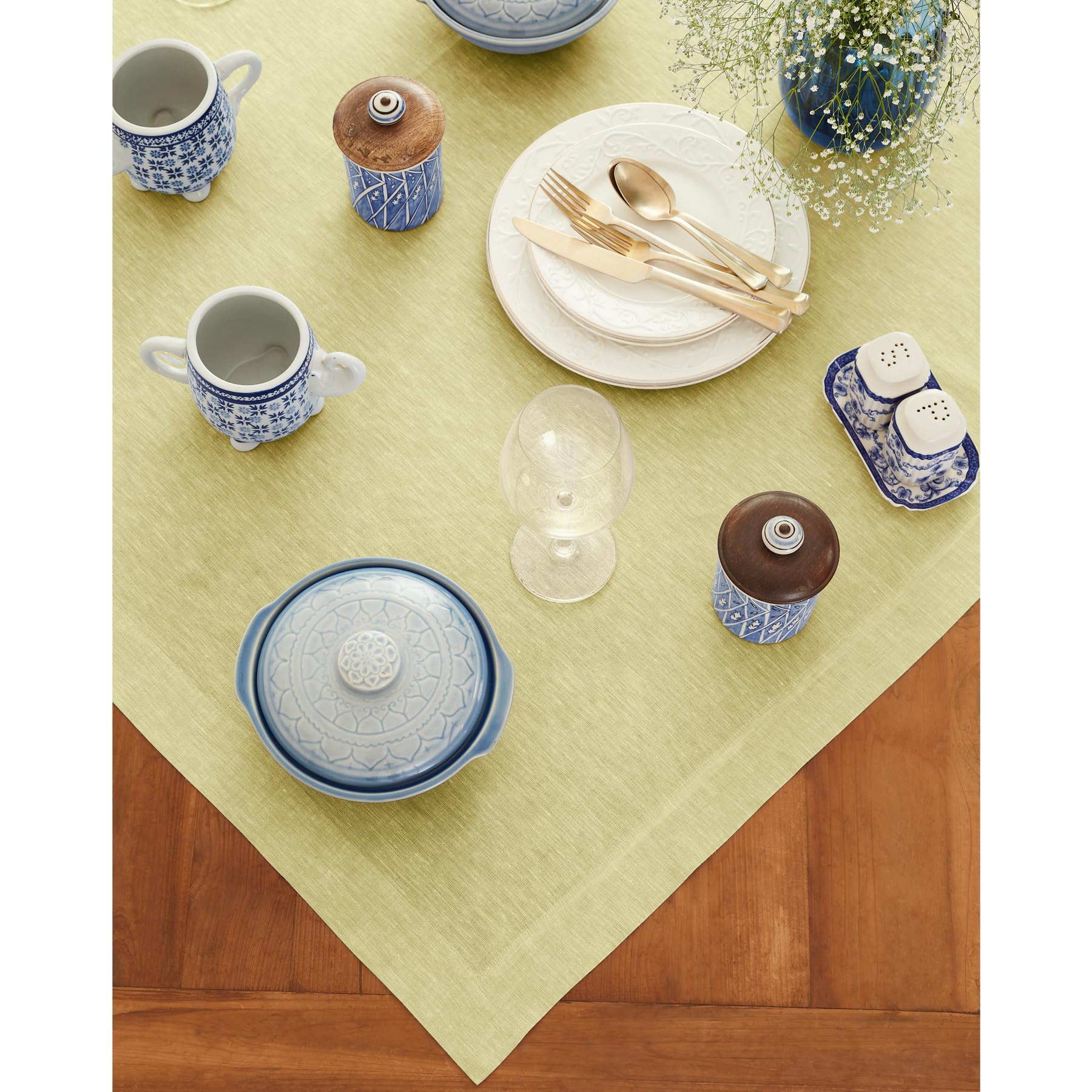Solino Home Linen Tablecloth 52 X 52 Inch - Chambray Yellow 100% Pure Linen Table Throw For Spring, Easter - Handcrafted And Mac