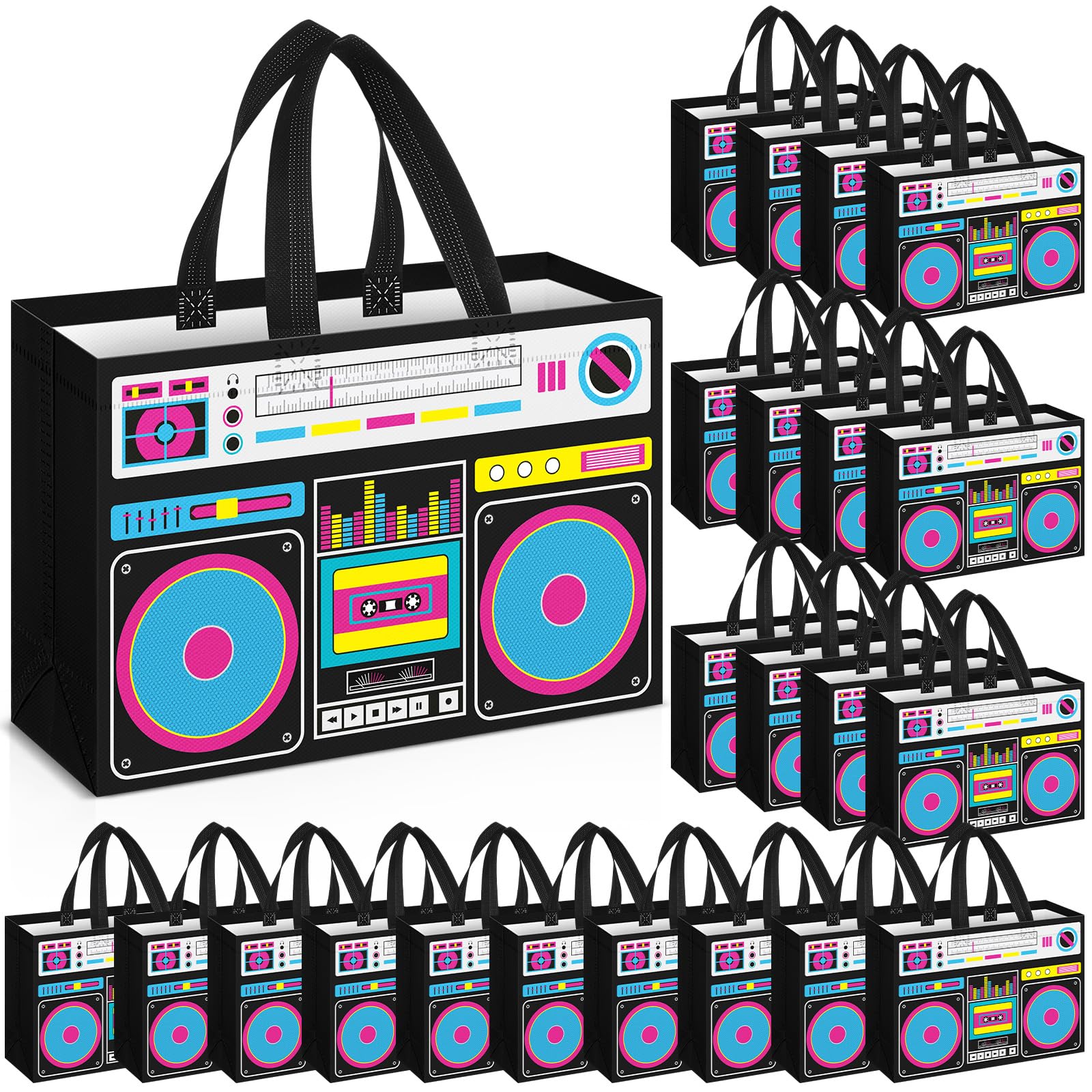Locmeo 24 Pcs 24 Pcs 80s90s Party Favor Bags Non Woven Retro Radio Grocery Bags for Hip Hop Birthday Disco Rock Party (Black)