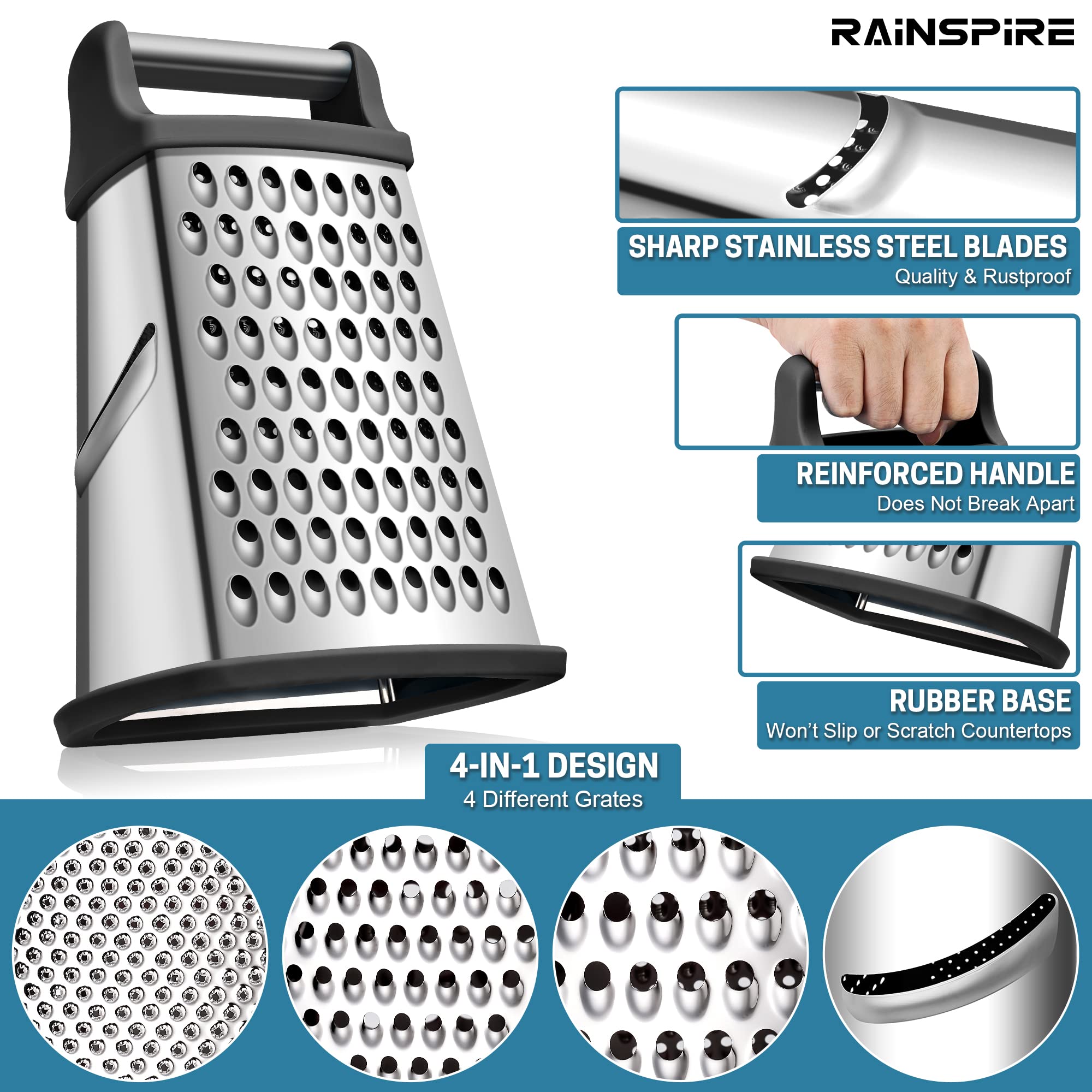 Rainspire Professional Box Grater, Cheese Grater Box For Kitchen Stainless Steel With 4 Sides, Cheese And Spice Graters With Han