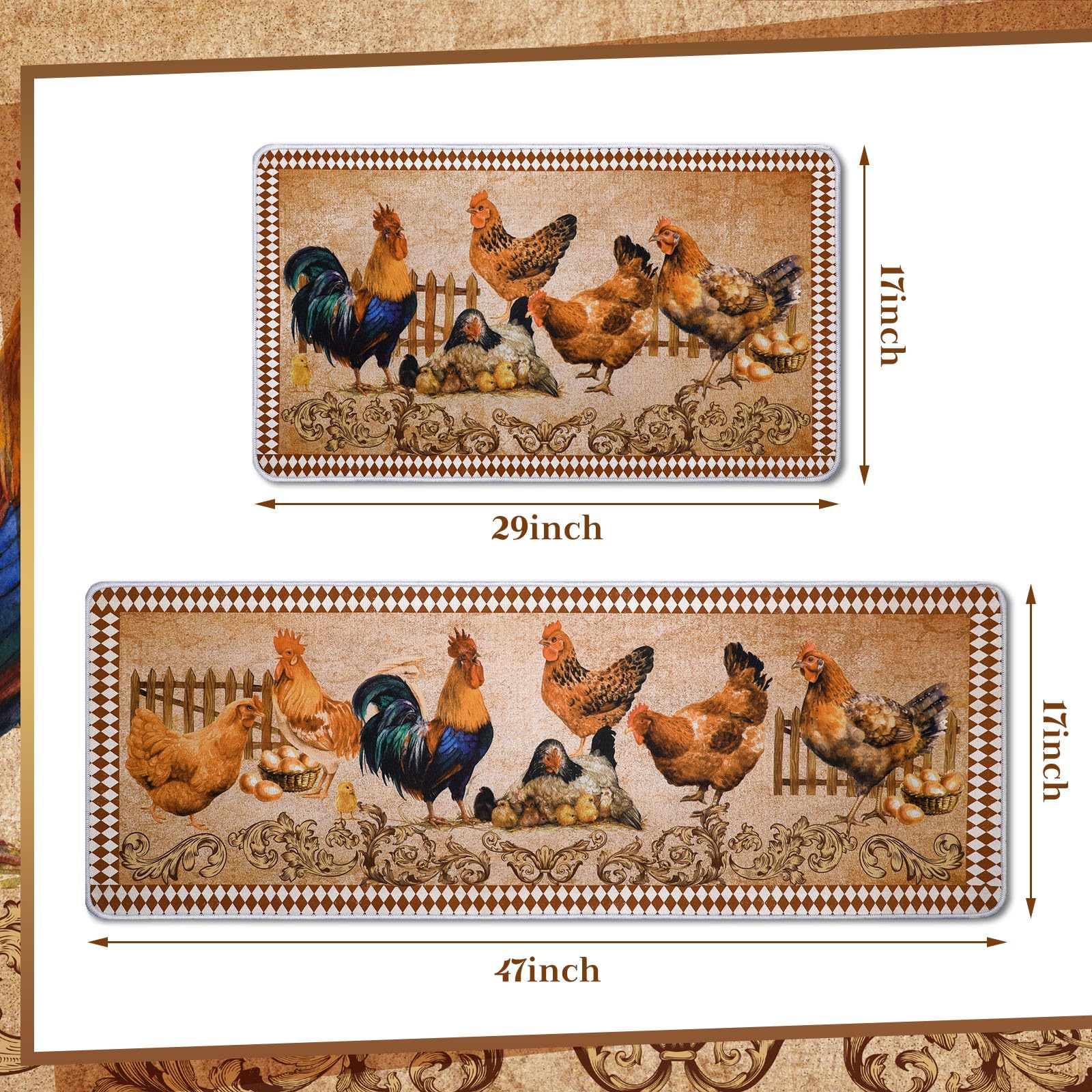 Bencailor 2 Pcs Rooster Kitchen Rugs Set Farmhouse Kitchen Rugs Chicken Kitchen Mat Chicken Decor For Kitchen Non Slip Washable