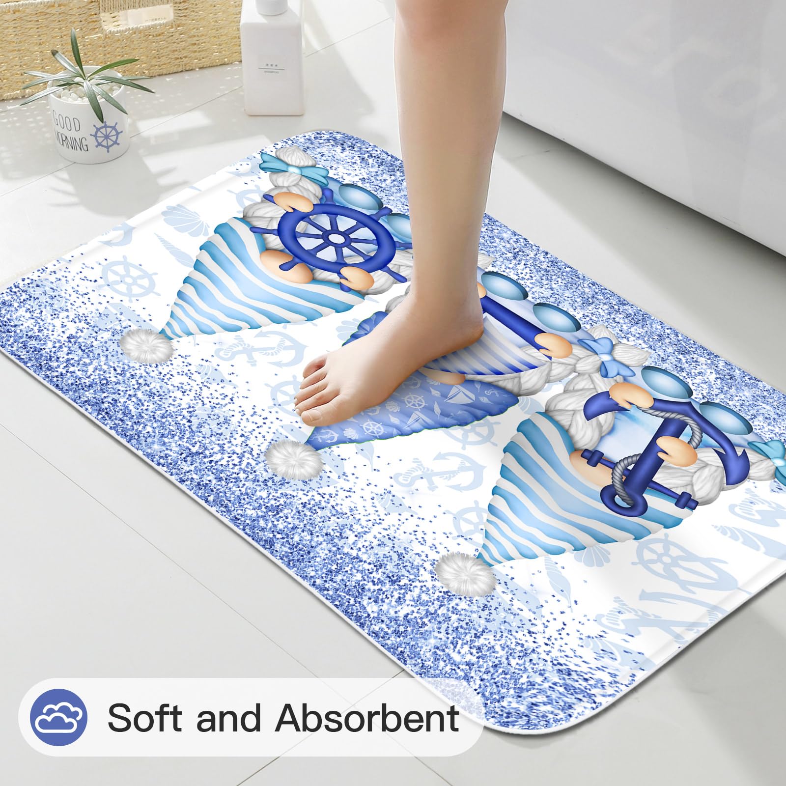 Litabel 4 Pcs Winter Gnomes Shower Curtain Set With Non-Slip Rugs, Toilet Lid Cover And Bath Mat, Nautical Marine Bathroom Decor