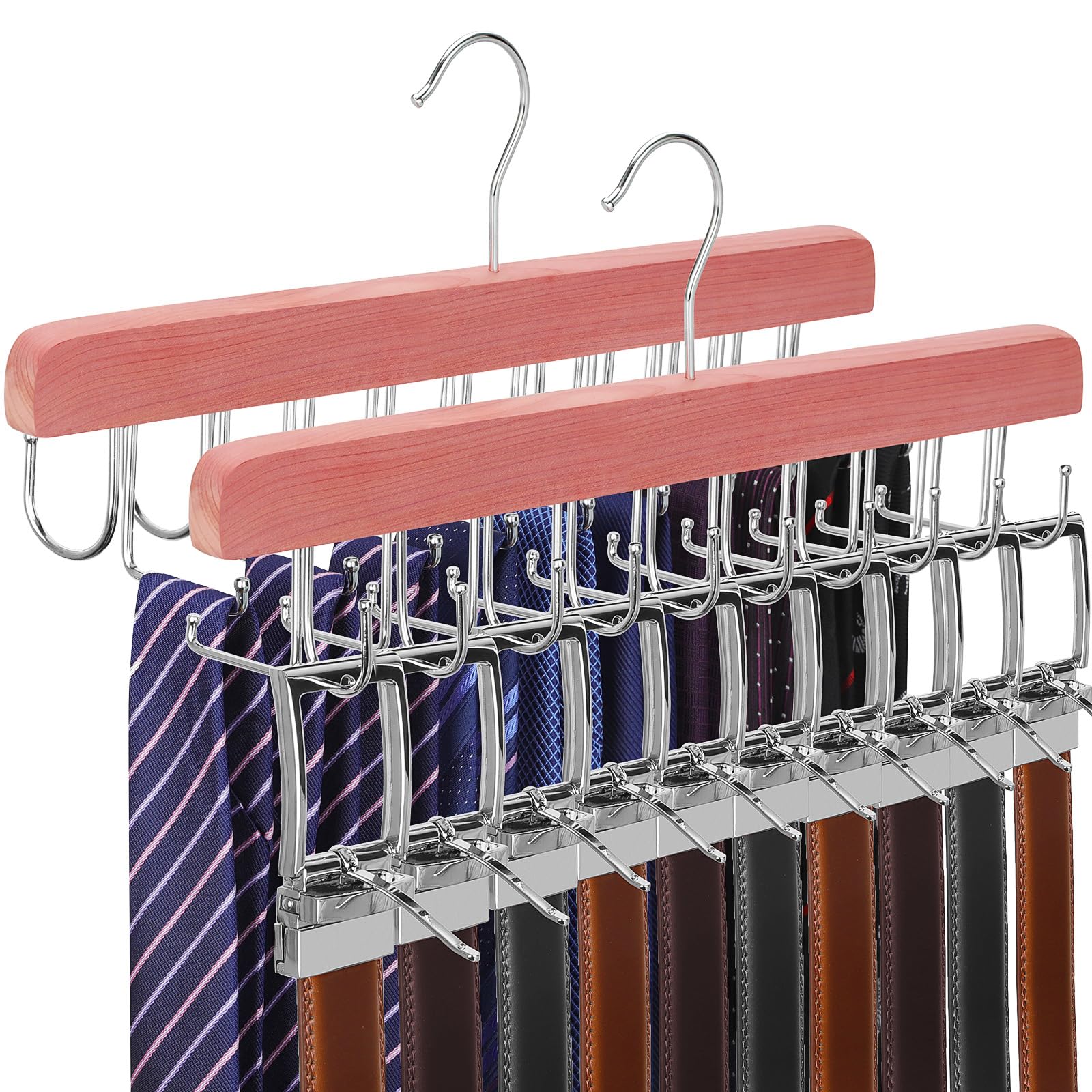 Topia Hanger Cedar 2 Pack 2 In 1 Belt Tie Hanger For Closet Max 60 Belts With 60 Ties Capacity, 20 Hooks Belt Tie Racks Hanger F