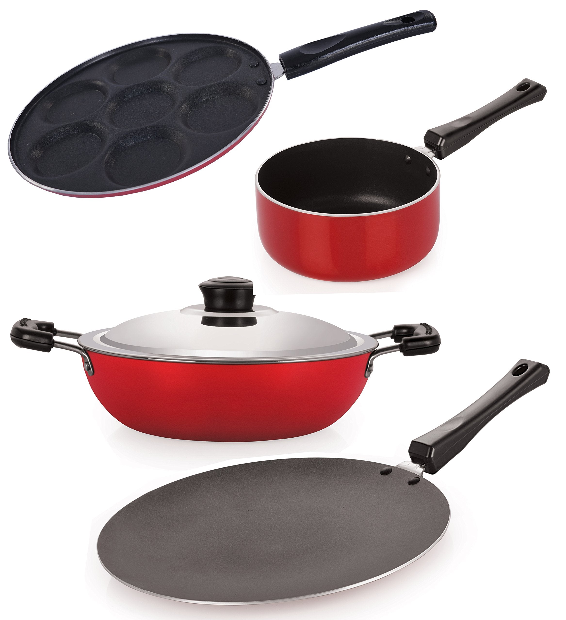 Nirlon Classic Range NonStick Cookware Combo Gift Set 4Pcs  Red/Black (Aluminium)