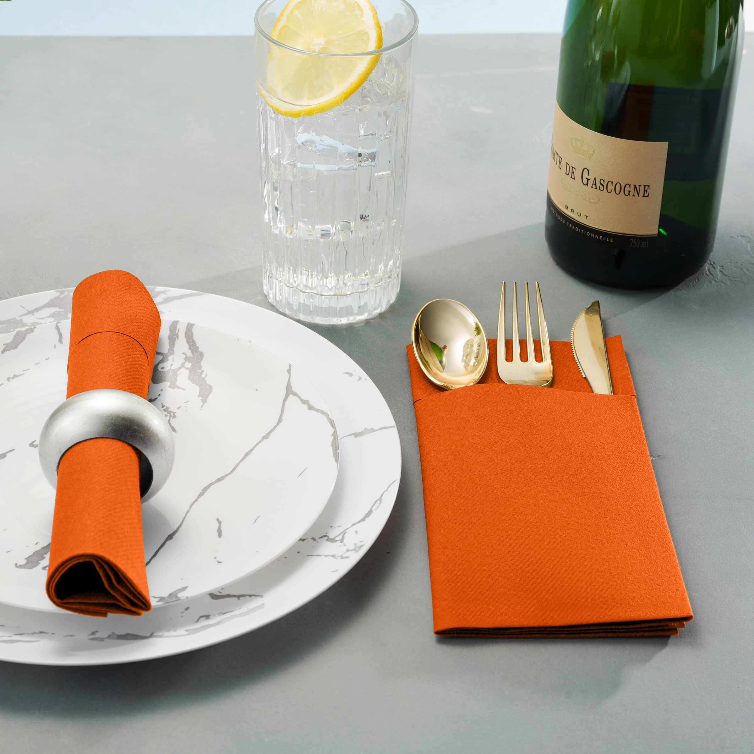 Disposable Linen-Feel Dinner Napkins with Built-in Flatware Pocket  50-Pack ORANGE Prefolded Cloth Like Paper Napkins For Dinner  Wedding Or Party [Silverware NOT Included]