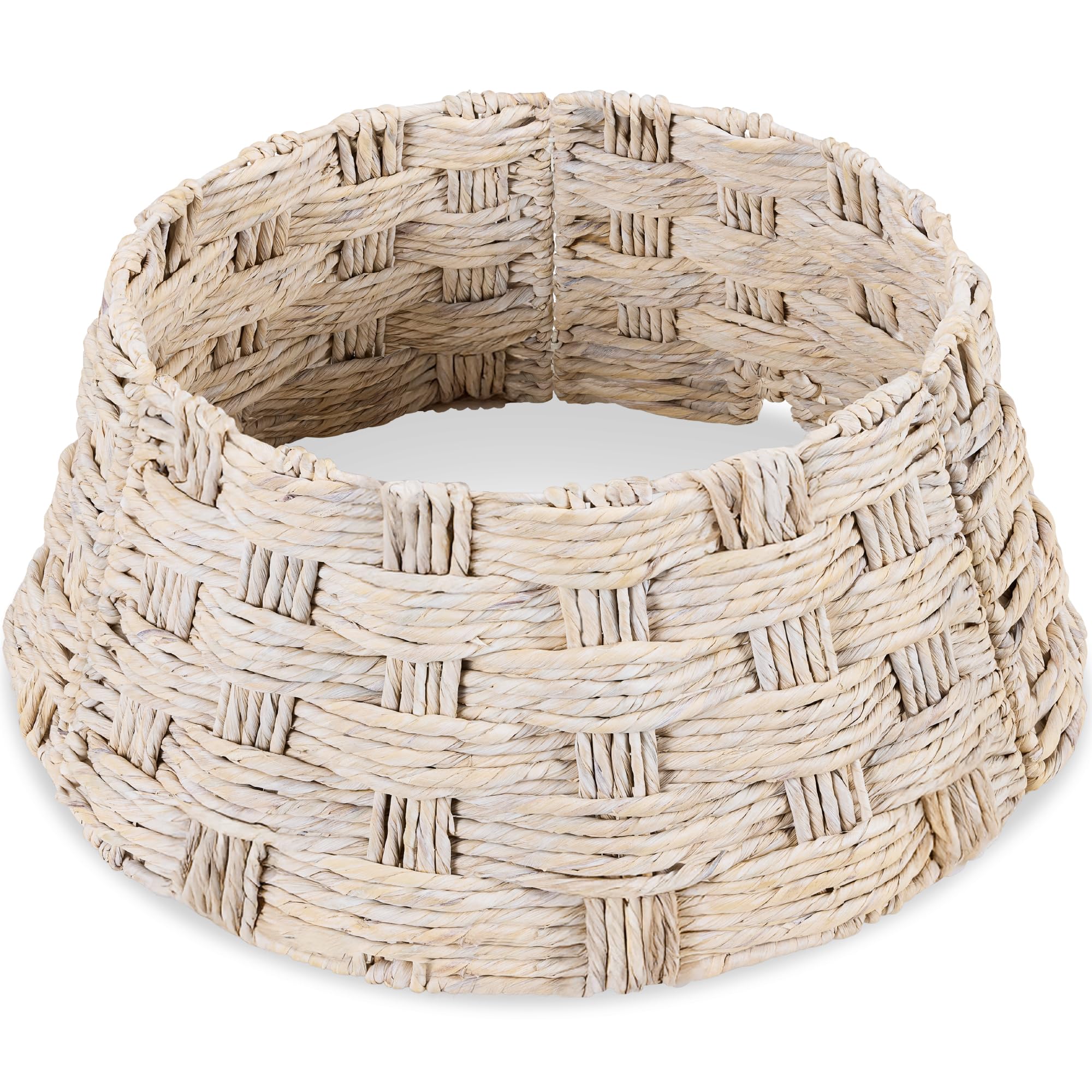 Best Choice Products 24in Christmas Tree Collar, Woven Hyacinth 3-Piece Holiday Rattan Tree Skirt Accessory for Home w/Cord Cut-