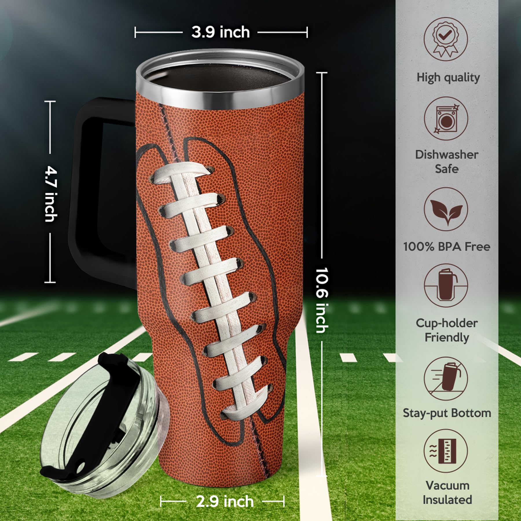 SANDJEST Football Tumbler with Handle 40oz Insulated Stainless Steel Cup with Lid & Straw, Travel Cup, Gifts for Men, Boys, Play