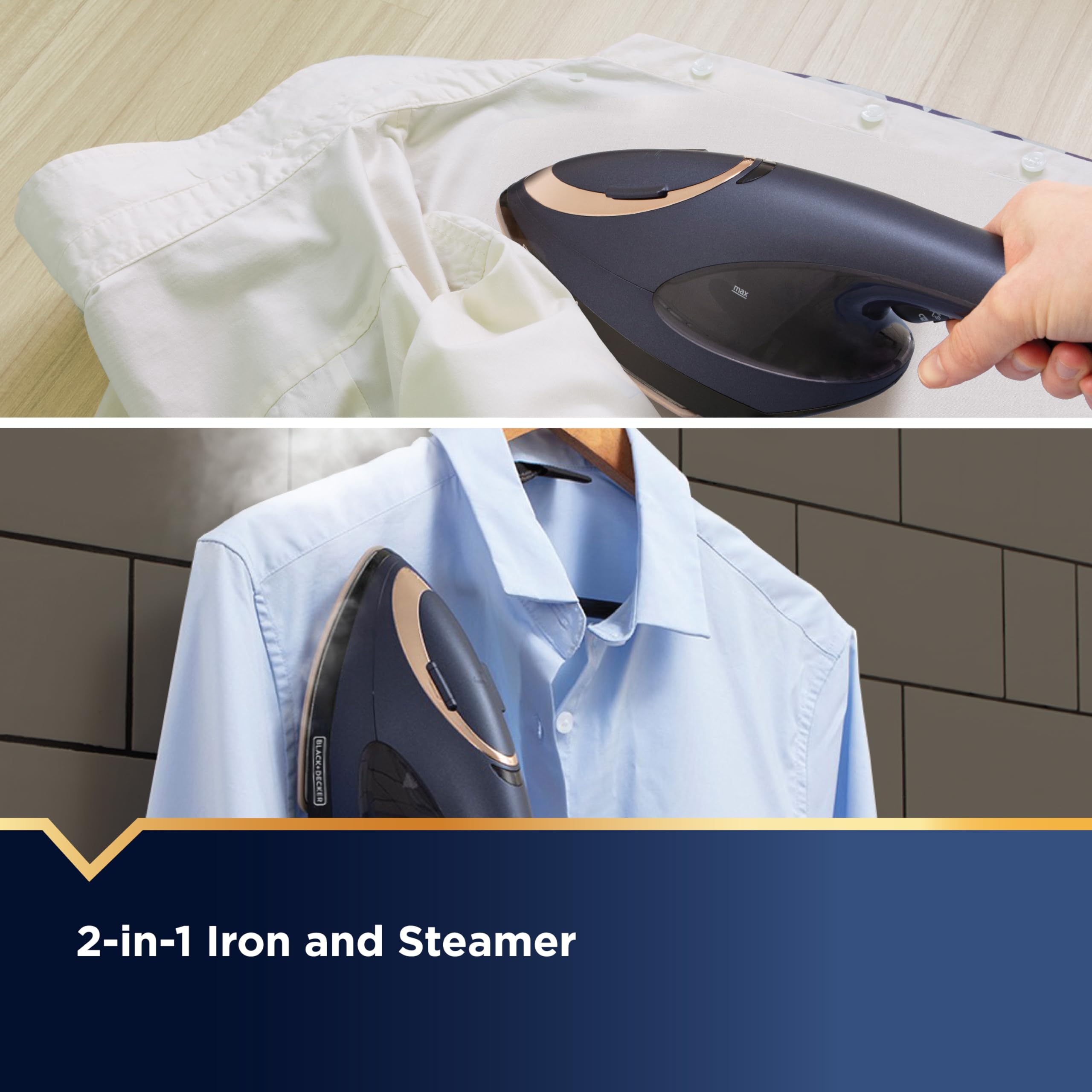 Black+Decker Press & Steam 2-In-1 Iron And Steamer, 180% More Steam & One Temperature Technology, Ceramic Soleplate, Safe On All
