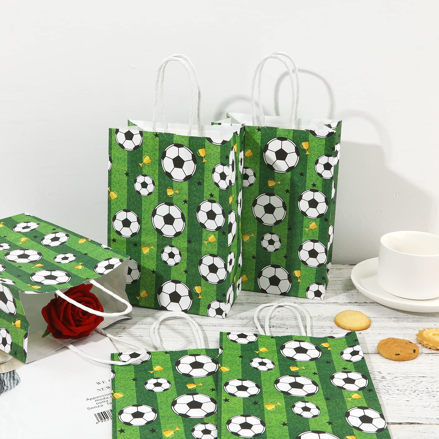 16Pcs Soccer Party Favor Paper Bags, Green Football Gift Bag Football Themed Party Bags With Handles Soccer Goodie Bags Treat Ca
