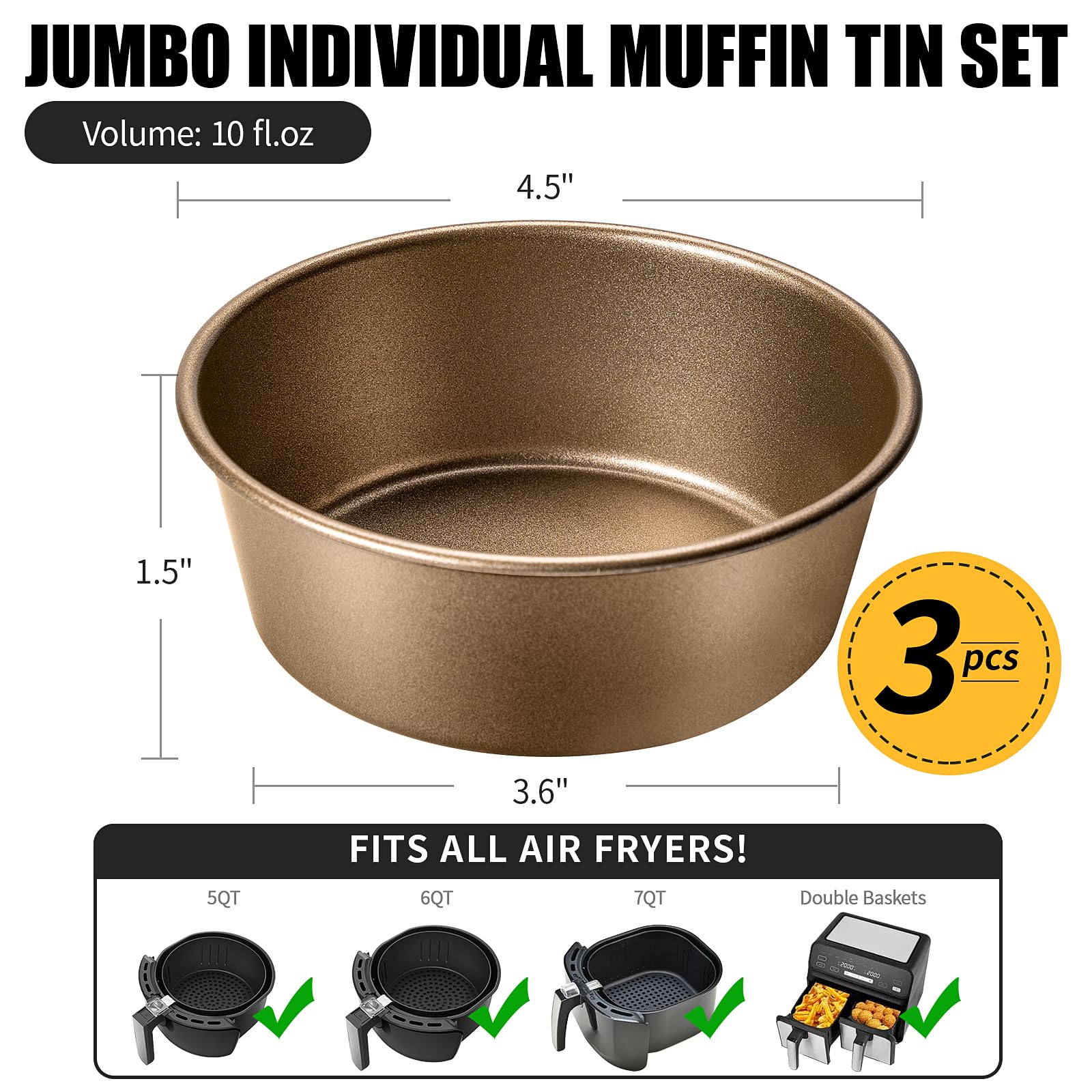 Yomvzake Air Fryer Mini Pie Pan Tart Tins, Jumbo Muffin Cupcake Pan 4 Inch Air Fryer Hamburger Bun Mold, 3Pcs Non-Stick Air Frye
