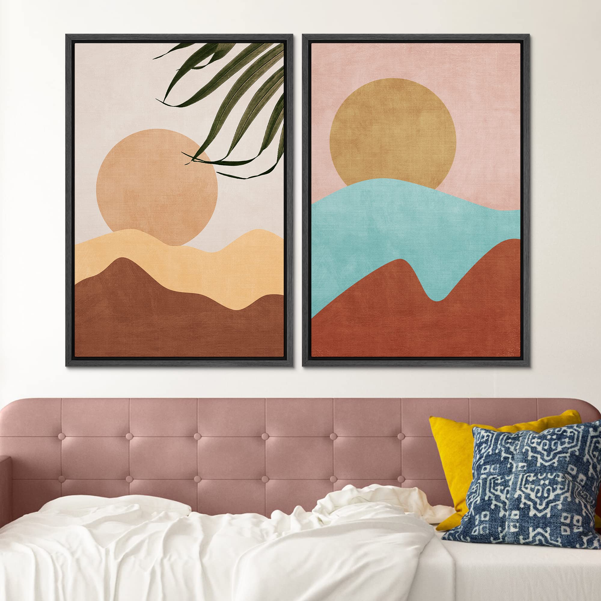 Signford Framed Canvas Print Wall Art Set Vibrant Retro Mid-Century Mountains Abstract Shapes Illustrations Modern Art Decorativ