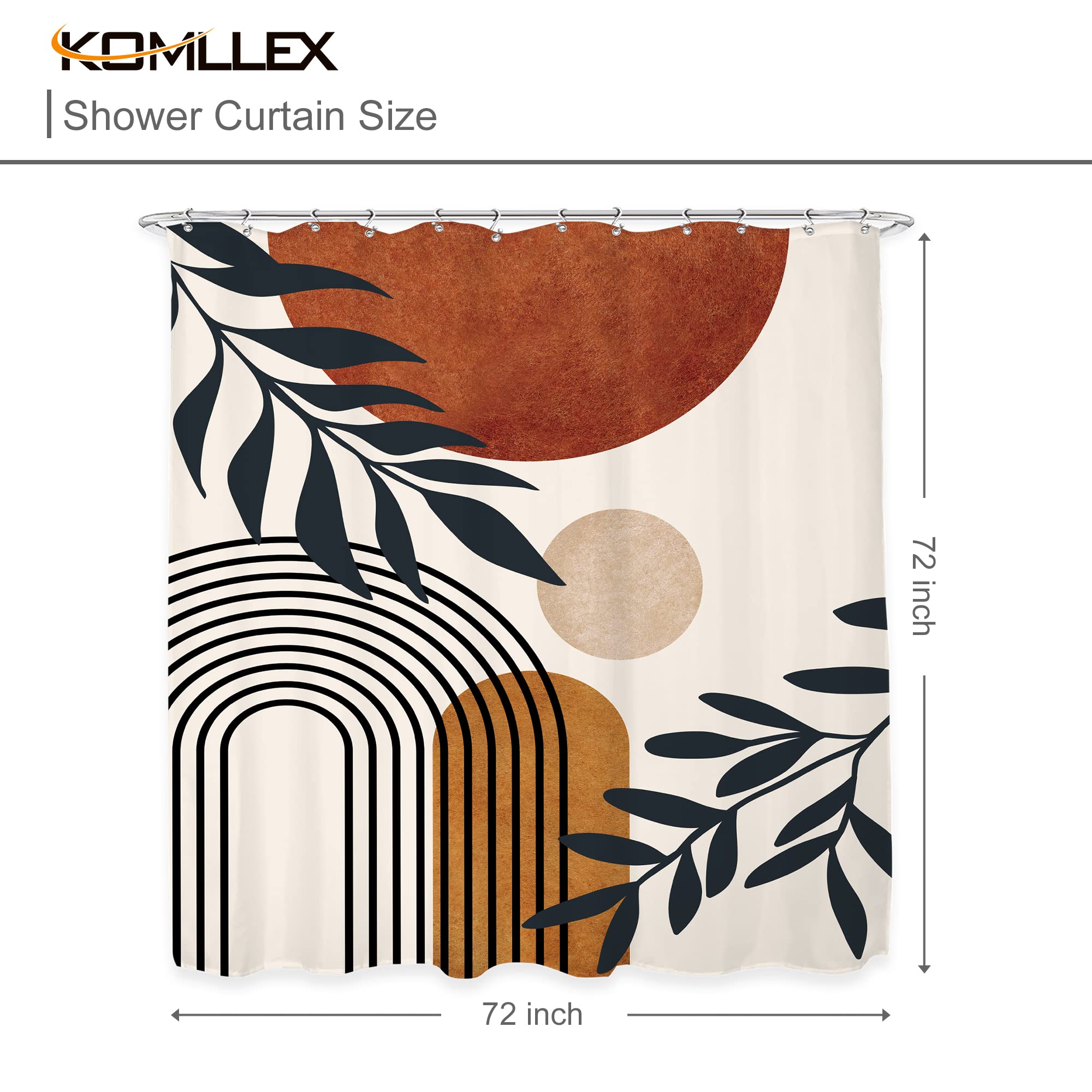 Komllex Boho Abstract Mid Century Shower Curtain Modern Aesthetic Leaves Neutral Minimalist Geometric Arch Brown Sun Plant Fabri
