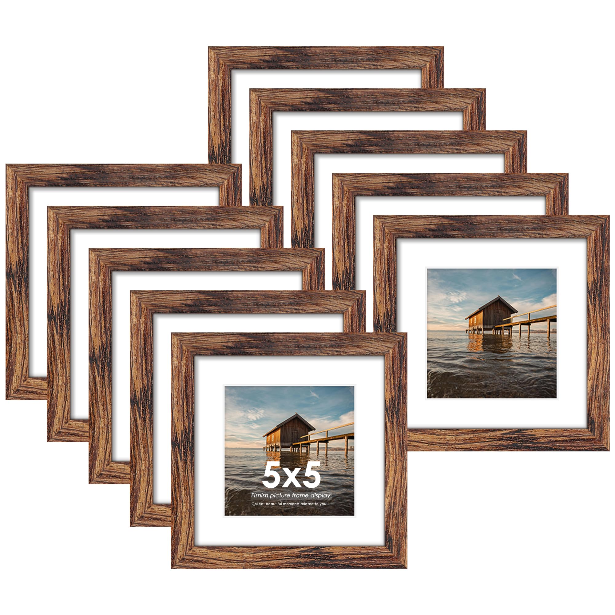 Fisnish 5x5 Picture Frame Sef of 10, Display Pictures 4x4 with Mat or 5 x 5 Without Mat, Square Photo Frame Collage for Wall Gal