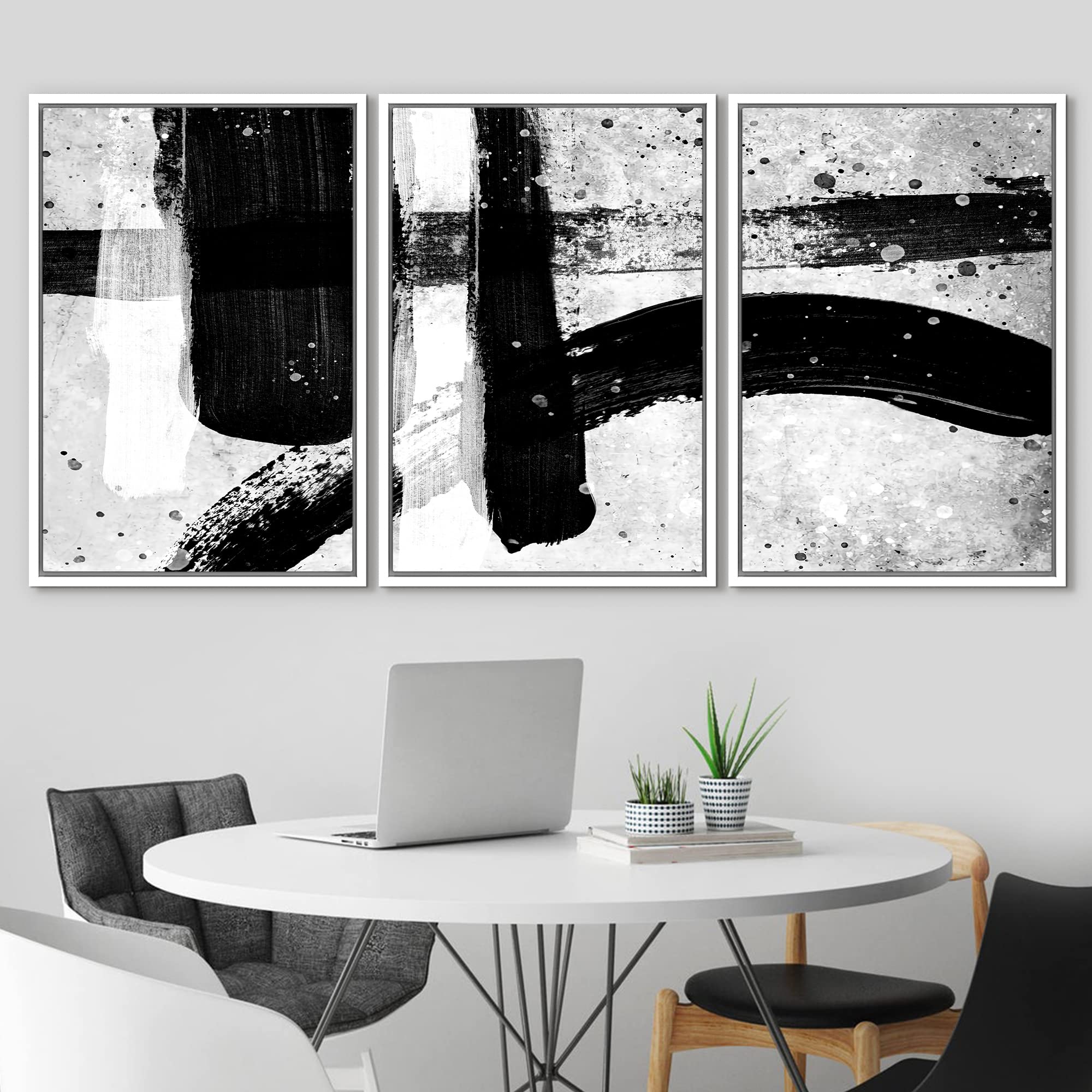 Idea4Wall Framed Wall Art Print Set Paint Dots With Black & White Lines Abstract Shapes Illustrations Modern Art Alternative Sce