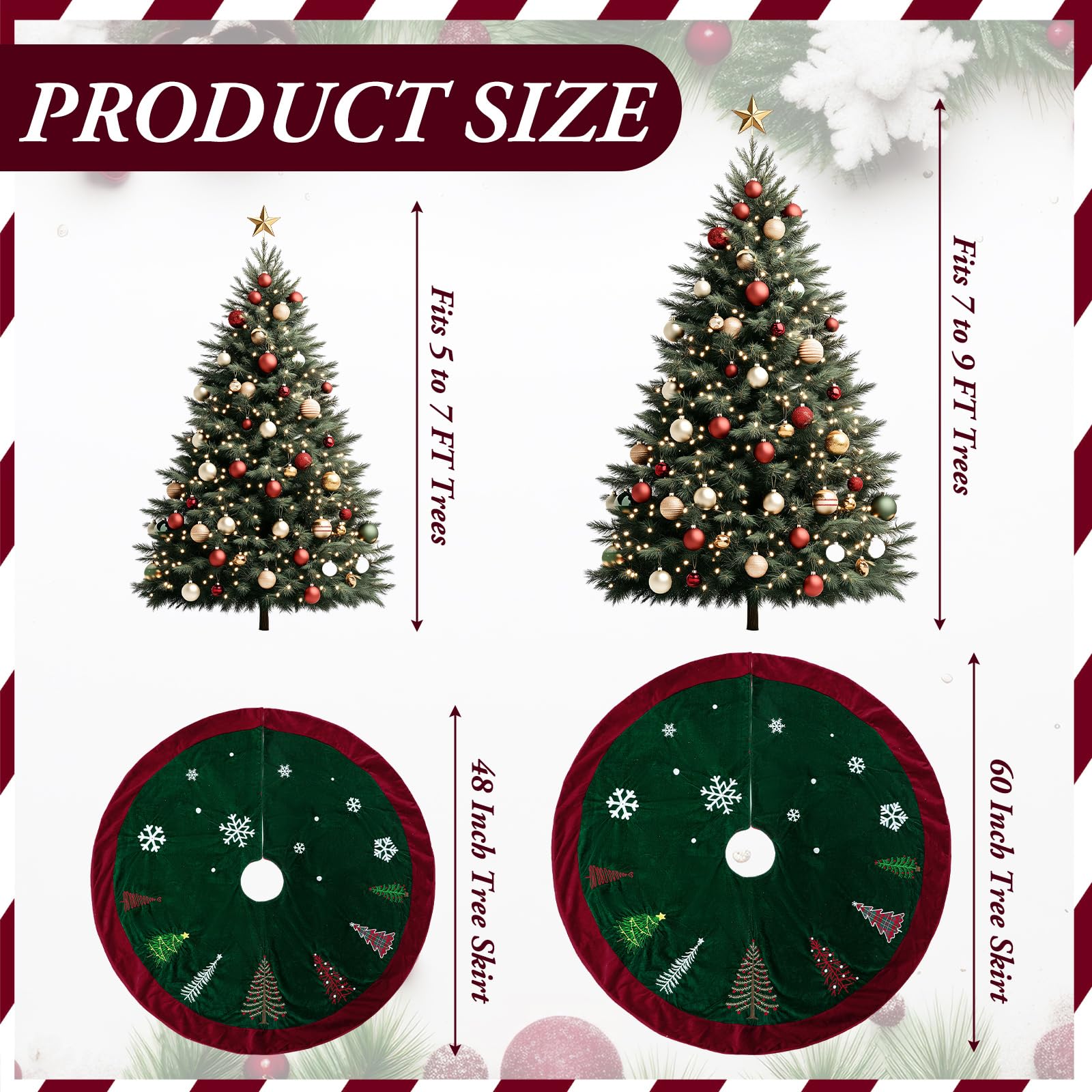 Soulchen 60 Inch Velvet Christmas Tree Skirt Dark Red and Green Large Plush Fur Skirt with Xmas Pine Tree Snowflake Embroidered
